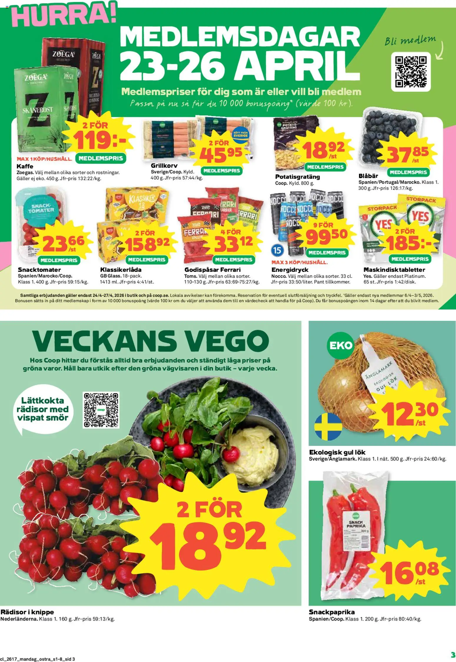 Coop Forum reklamblad aktuell från 20.04.2026 | Sida: 3 | Produkter: Grillkorv, Potatisgratäng, Energidryck, Potatis