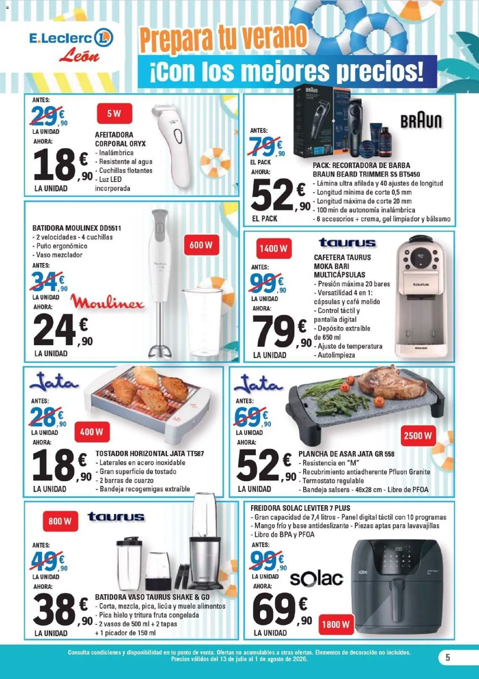 E.Leclerc folleto León │ válido desde el 13/07/2026 | Página: 5 | Productos: Afeitadora, Plancha, Tostador, Κούβα