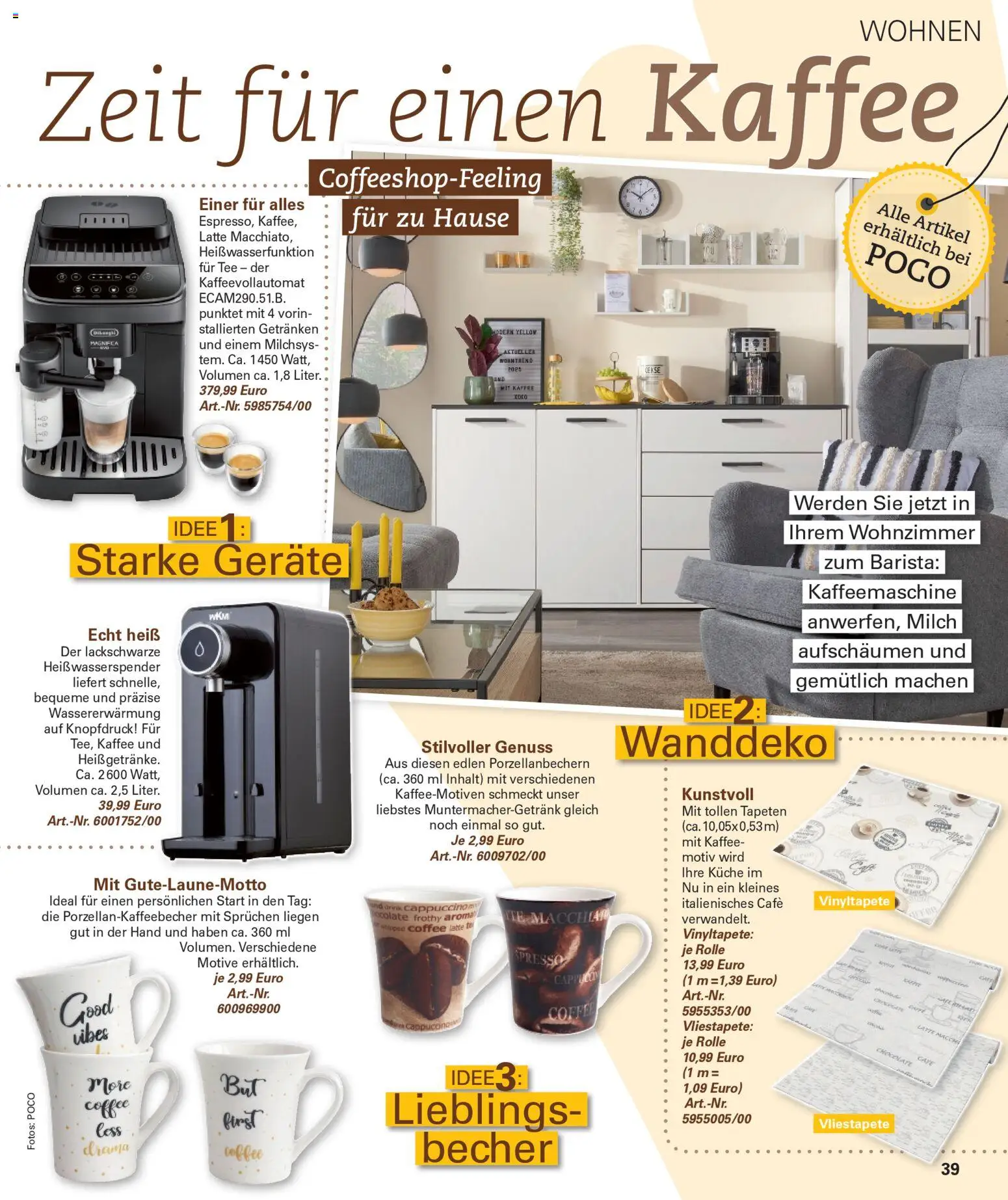 Poco Wohnwelt Winter 2025 – gültig ab 01.12.2025 | Seite: 39 | Produkte: Kaffeemaschine, Milch, Kaffee, Tee