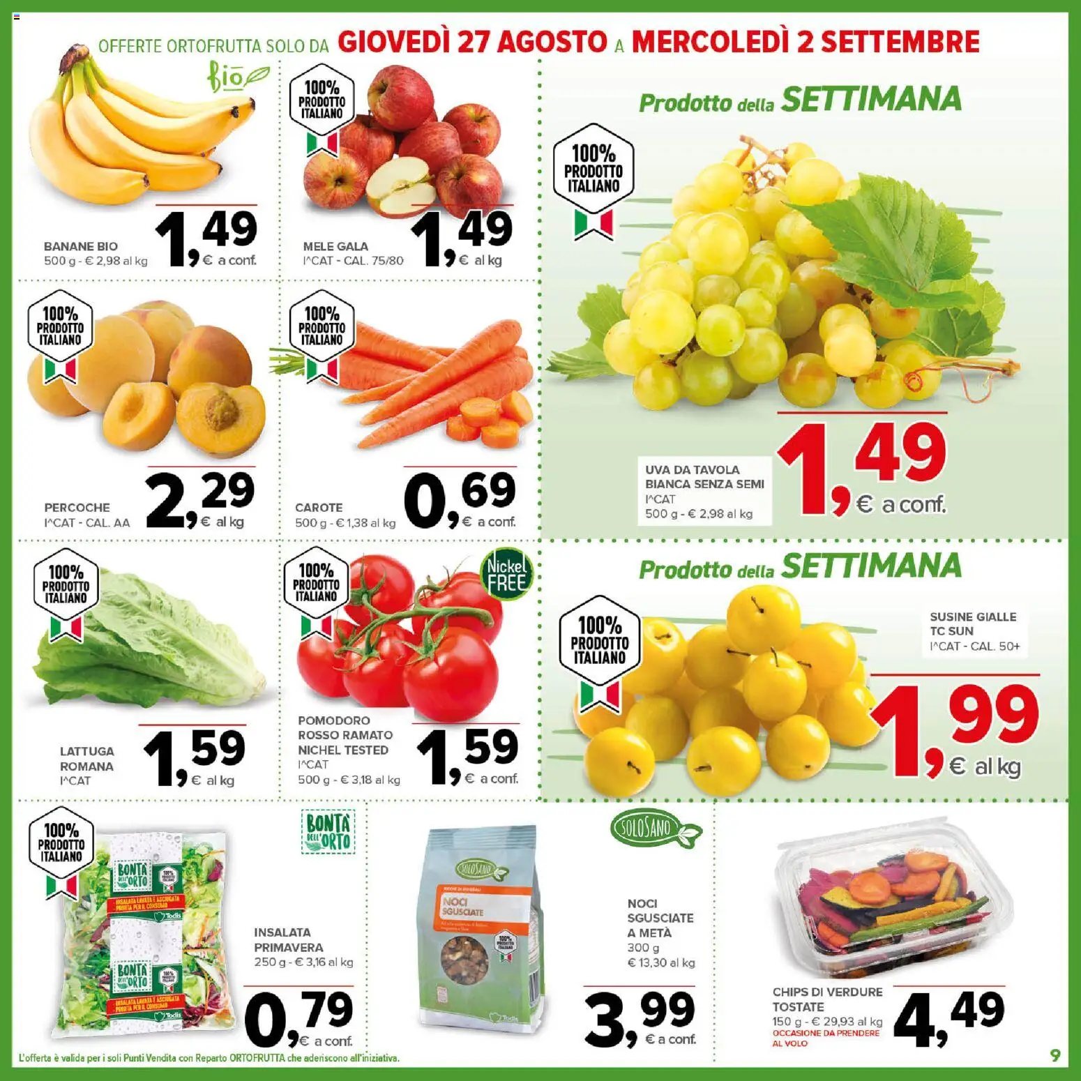 Volantino Todis del 20/08/2026 | Pagina: 9 | Prodotti: Mele, Insalata, Carote, Uva