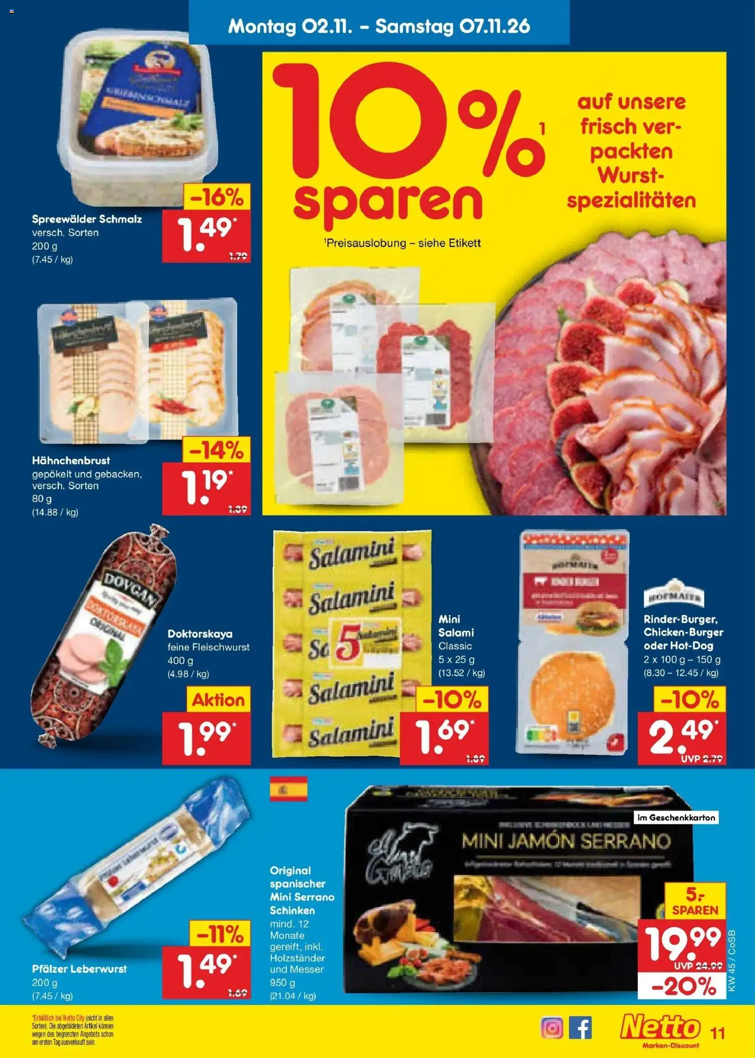 Netto Marken-Discount Prospekt Leipzig – gültig ab 02.11.2026 | Seite: 21 | Produkte: Spezialitäten, Wurst, Serrano schinken, Schinken