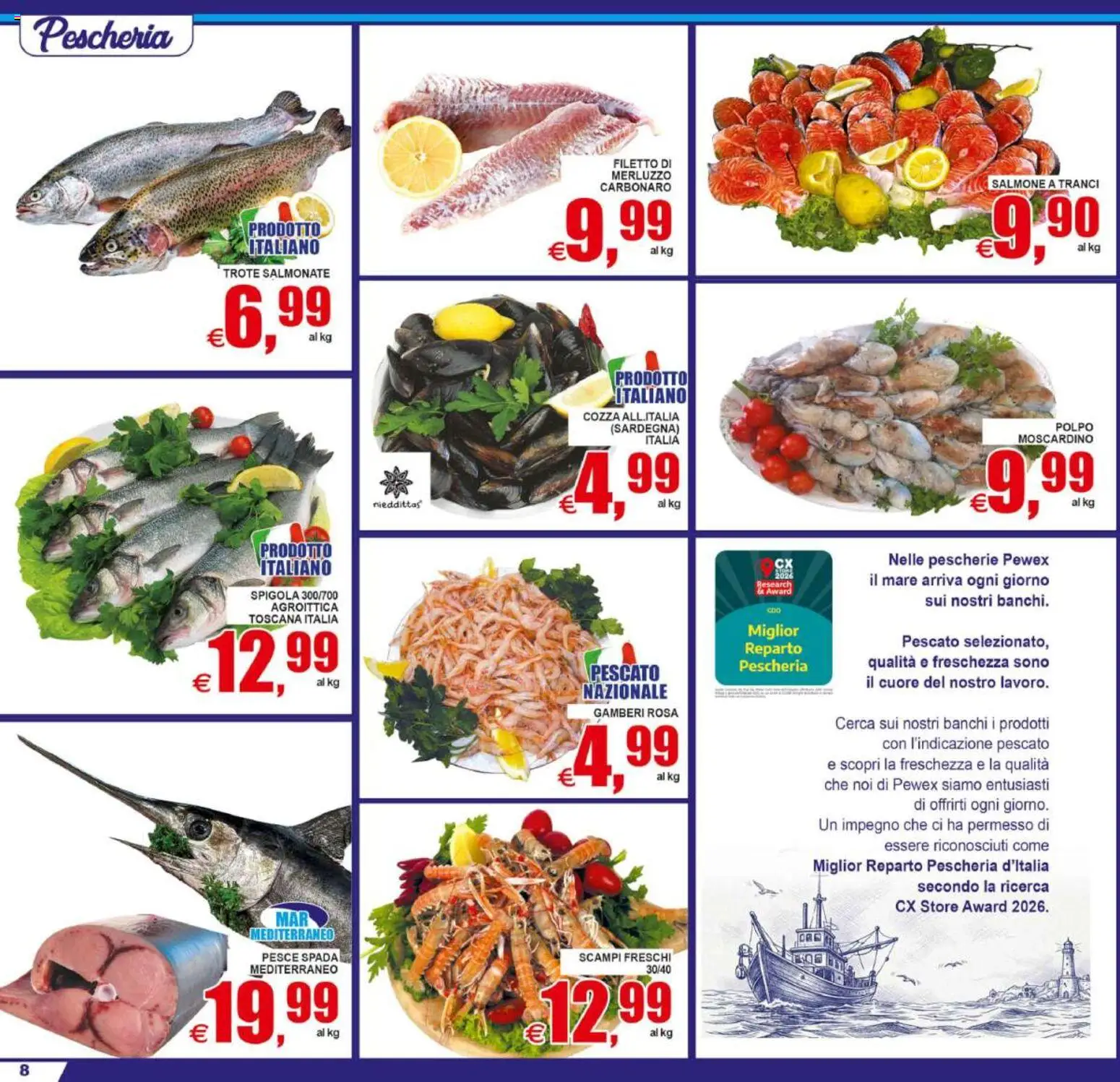 Volantino Pewex del 19/06/2026 | Pagina: 8 | Prodotti: Salmone, Merluzzo, Gamberi, Spigola