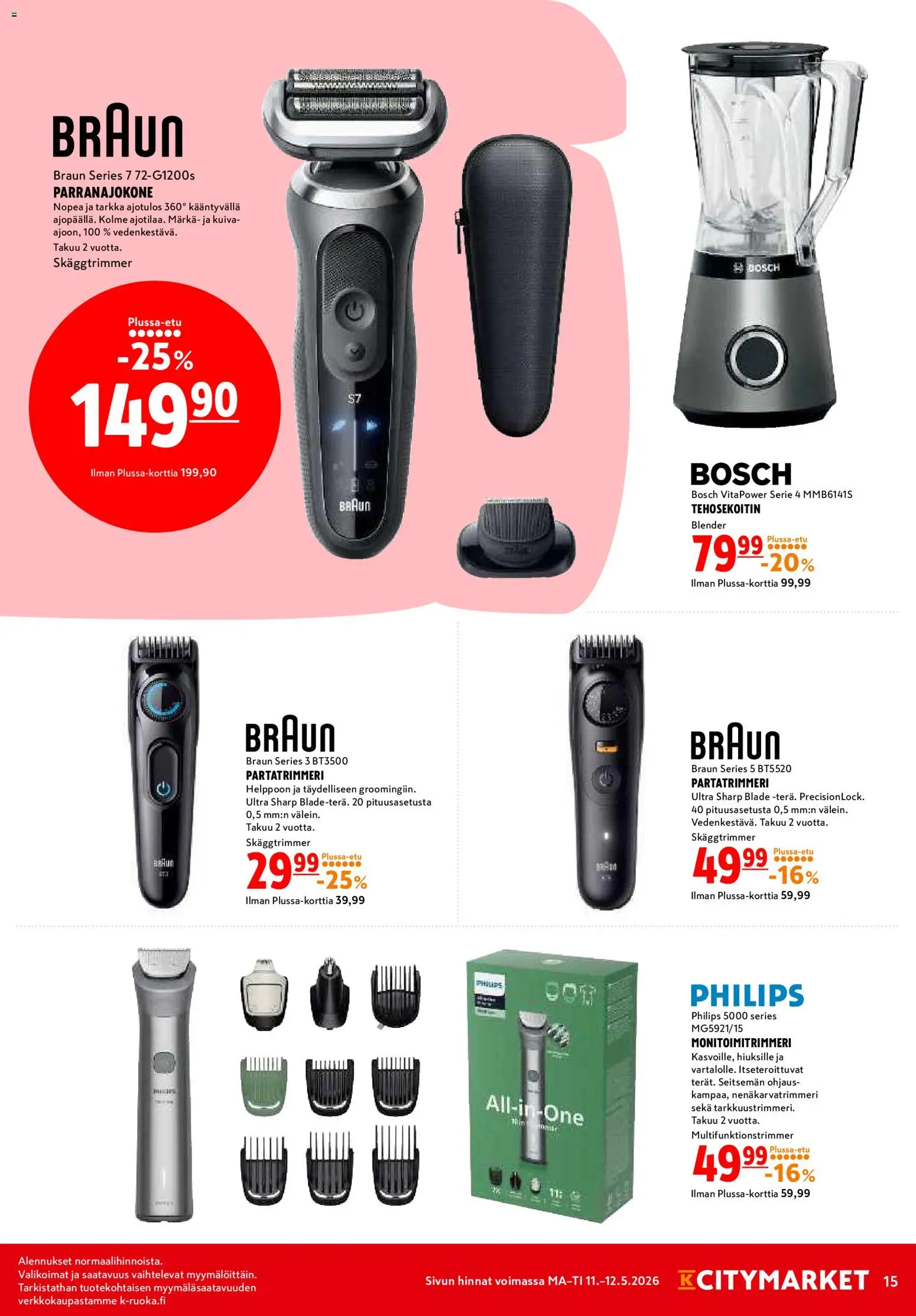 K-Citymarket tarjoukset – voimassa 11.05.2026 alkaen | Sivu: 15 | Tuotteet: Parranajokone, Nenäkarvatrimmeri, Tehosekoitin