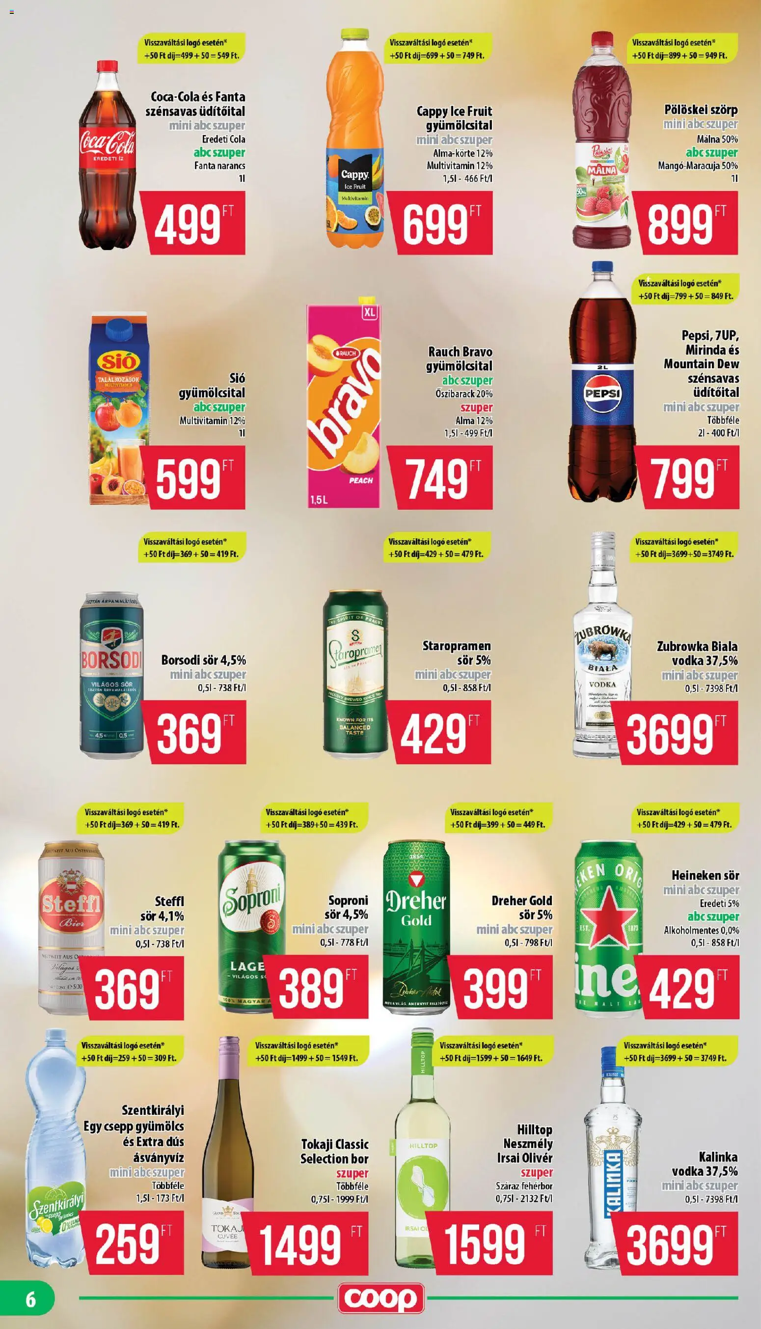 COOP akciós ujság - amely érvényes a következő dátumtól: 16.04.2026 | Oldal: 6 | Termékek: Gyümölcsital, Pepsi, Heineken, Bor