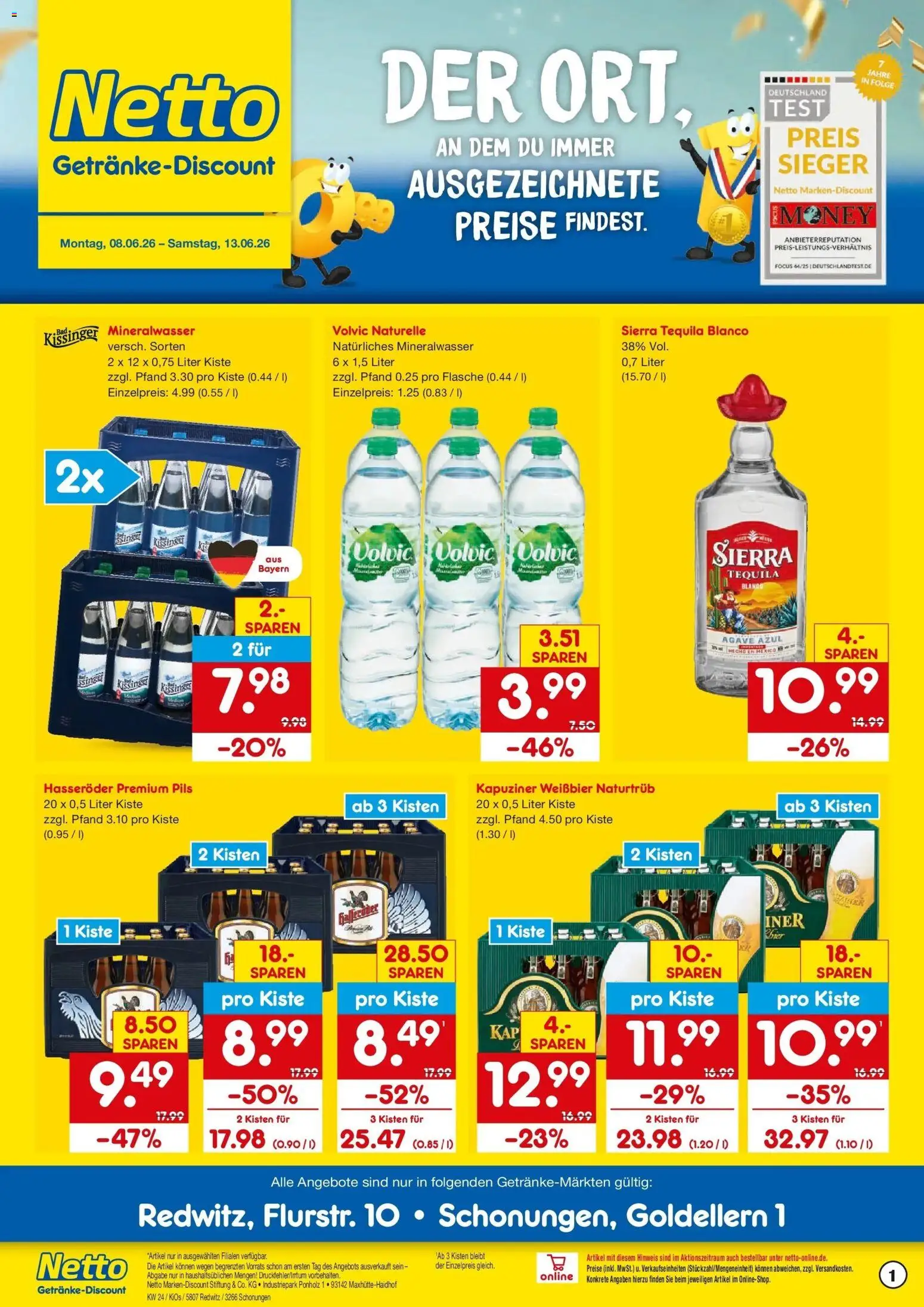 Netto Marken-Discount Prospekt Redwitz – gültig ab 08.06.2026 | Seite: 1 | Produkte: Weißbier, Pils, Tequila, Hasseröder