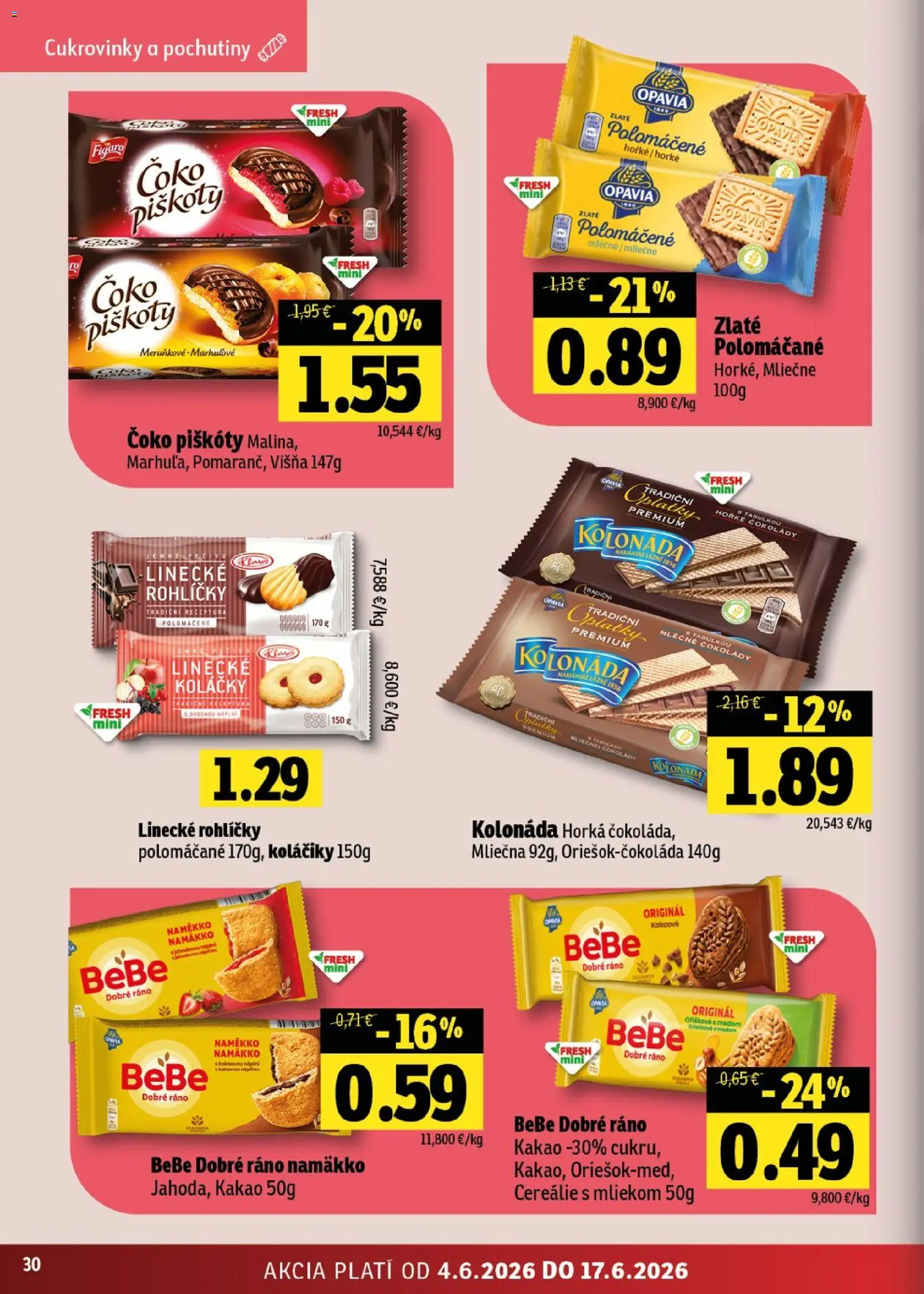 Nové Fresh akcie – leták je platný od 04.06.2026 | Strana: 30 | Produkty: BeBe Dobré ráno, Cereálie, Kakao