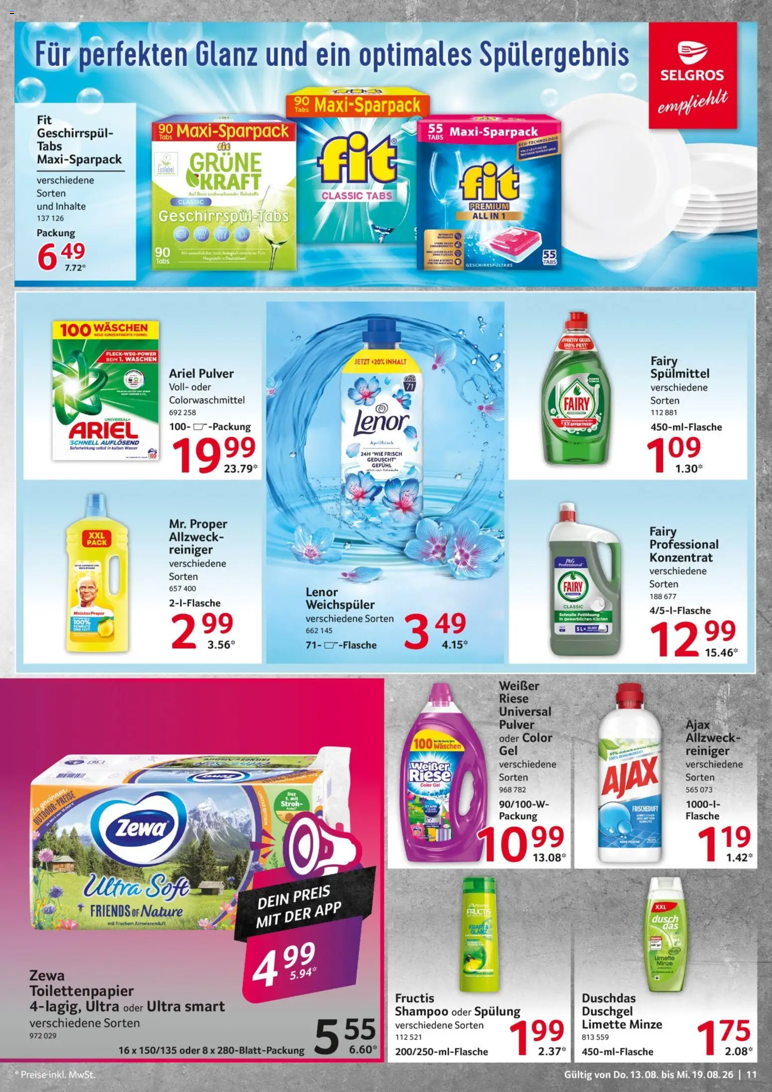 Selgros Prospekt – gültig ab 13.08.2026 | Seite: 11 | Produkte: Wasser, Weichspüler, Duschdas, Kuchen