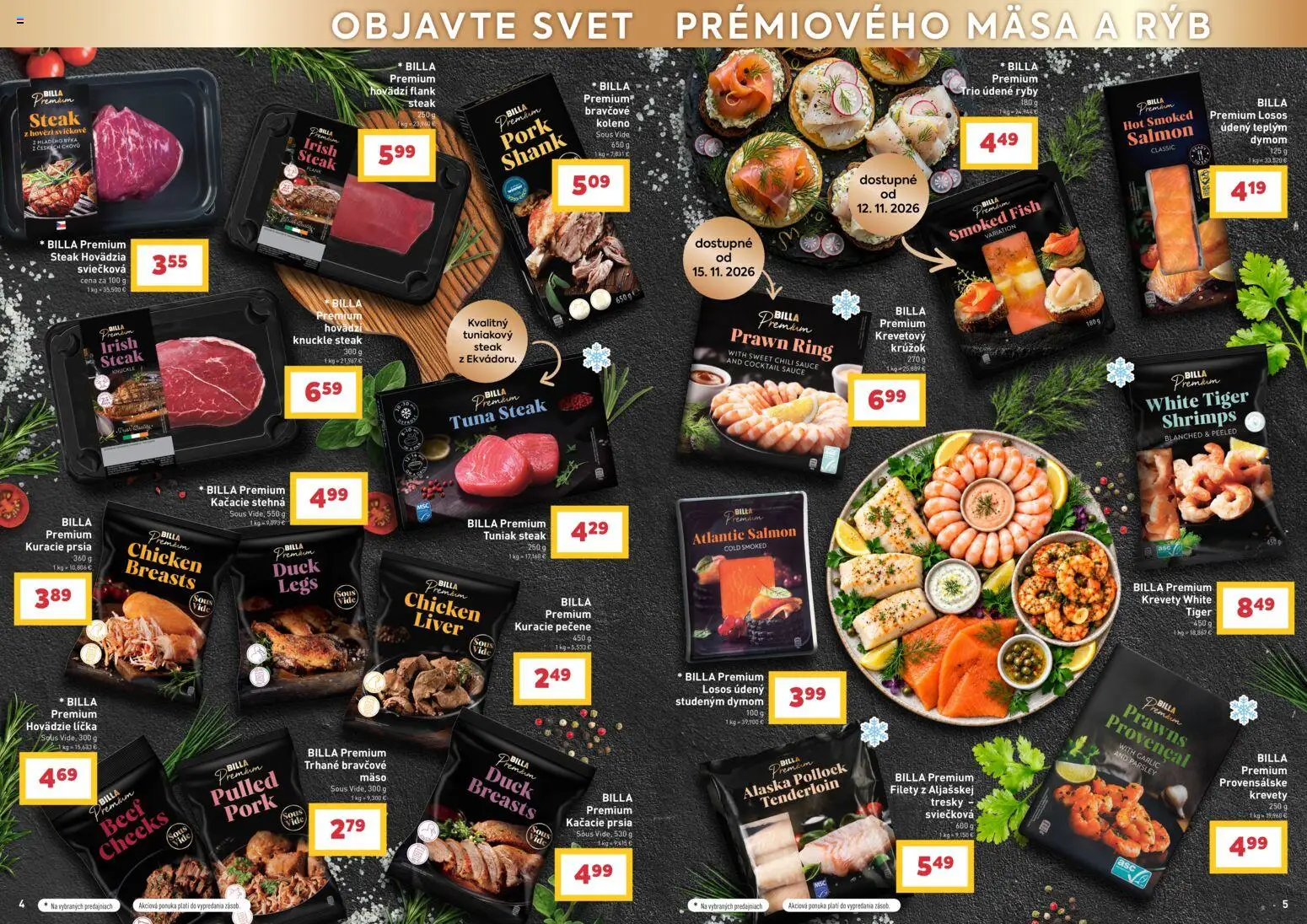 Nové Billa akcie – leták je platný od 21.10.2026 | Strana: 3 | Produkty: Flank steak, Losos, Trhané bravčové, Stehná