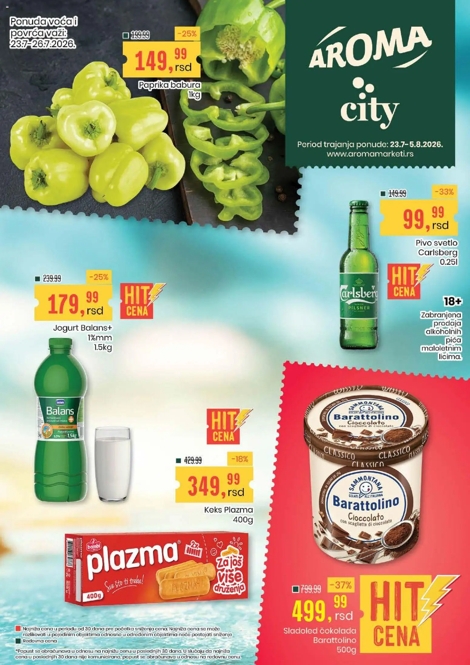 Aroma Market katalog - važi od 23.07.2026 | Strana: 1 | Proizvode: Sladoled, Pica, Pivo, Paprika babura
