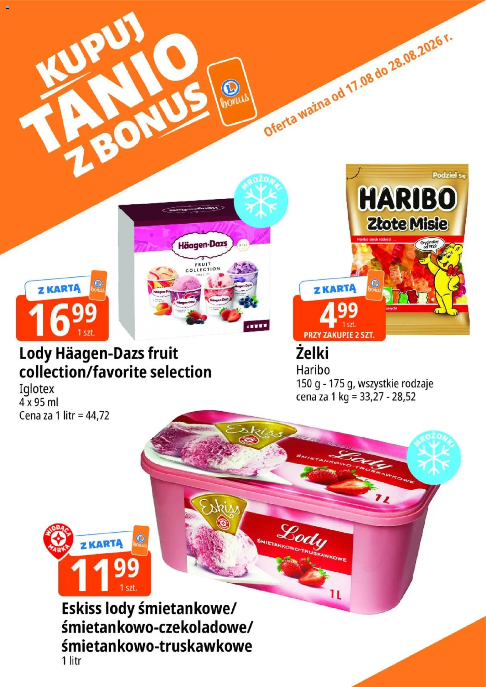 E.Leclerc gazetka - Kupuj Tanio Z Bonus od 17.08.2026 | Strona: 15 | Produkty: Mrożonki, Żelki, Body, Lody