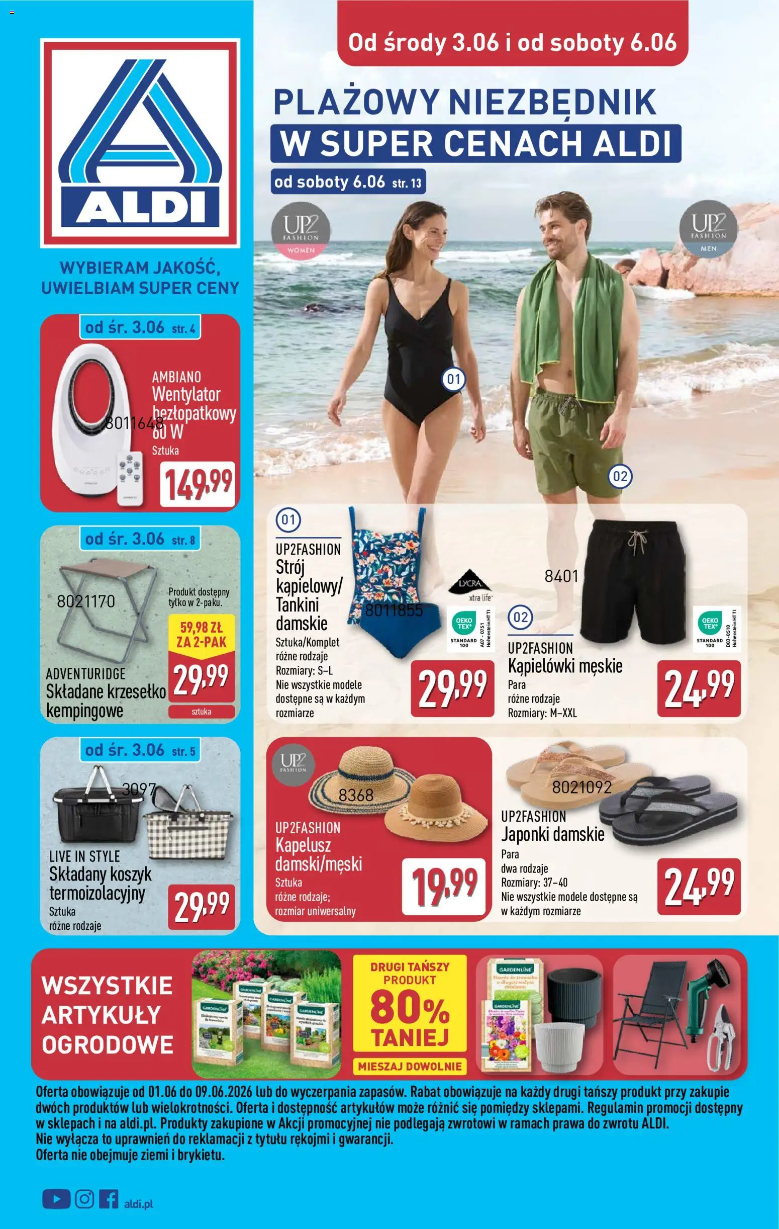 Aldi gazetka - Hity od Środy i od Soboty od 03.06.2026 | Strona: 1 | Produkty: Kapelusz, Japonki, Wentylator