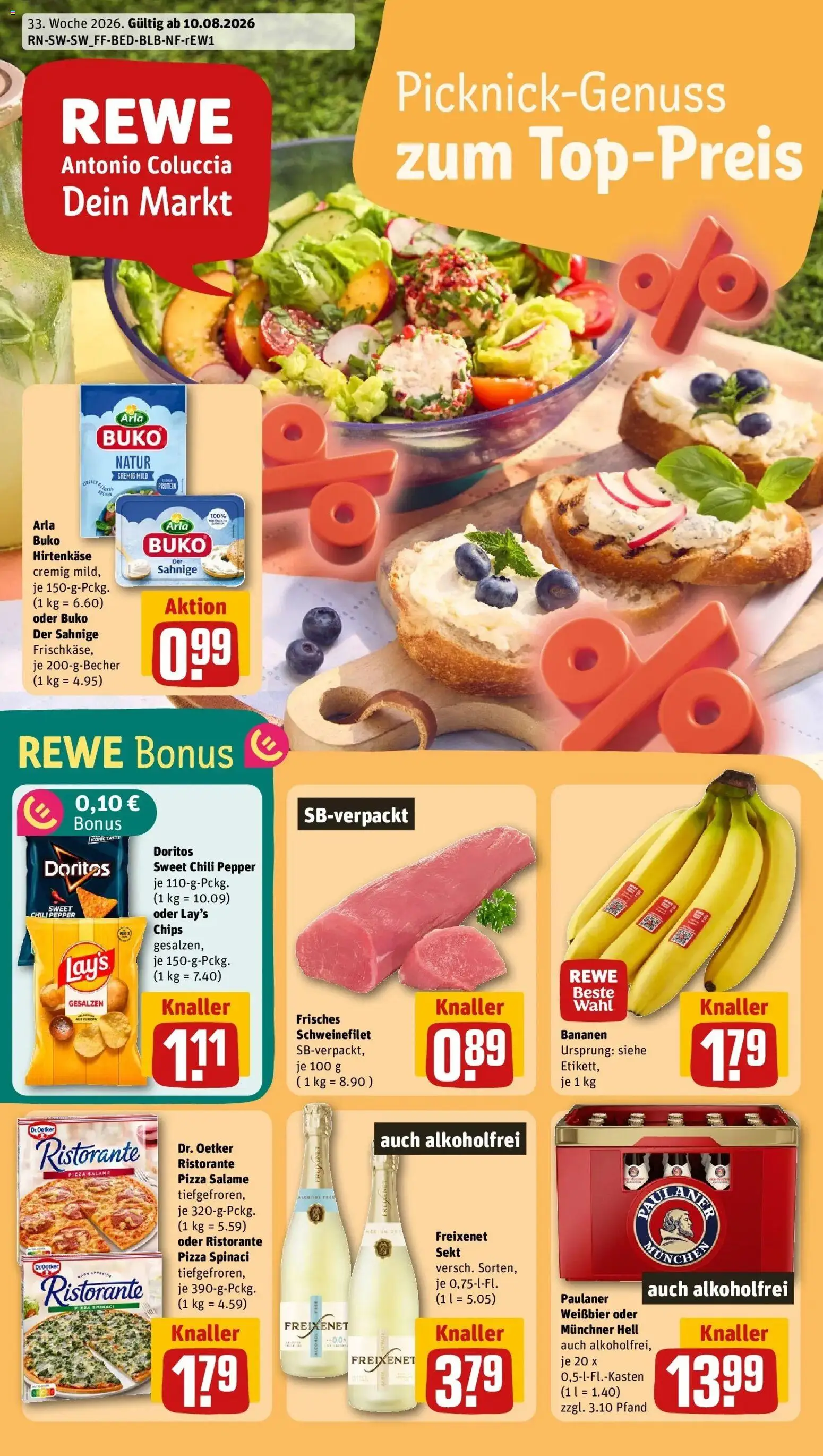 REWE Prospekt ab 10.08.2026 zum Blättern » Angebote | Seite: 1 | Produkte: Freixenet, Weißbier, Schweinefilet, Arla buko