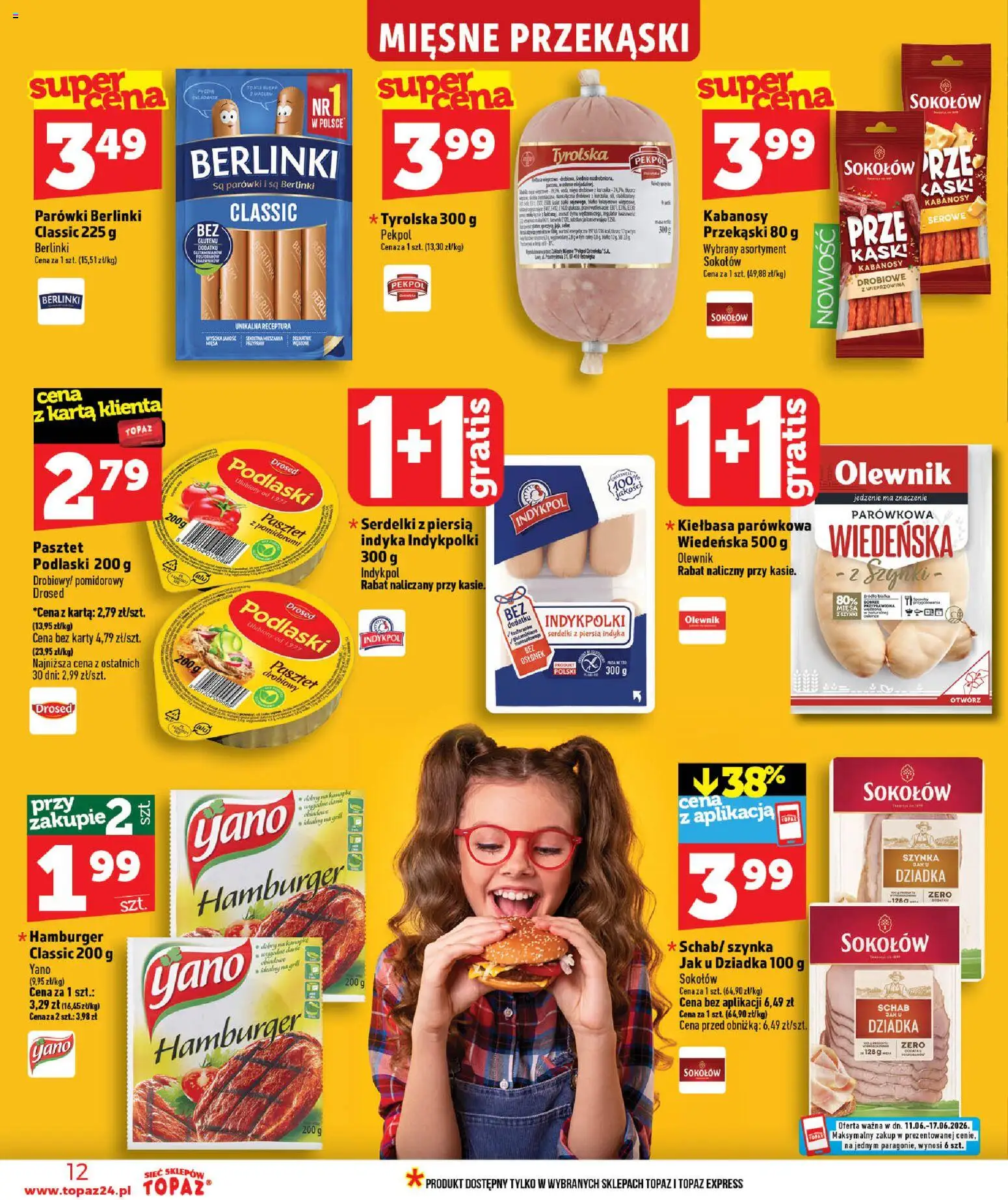 Topaz gazetka - MAZ od 11.06.2026 | Strona: 12 | Produkty: Kiełbasa, Parówki berlinki, Hamburger, Wieprzowina