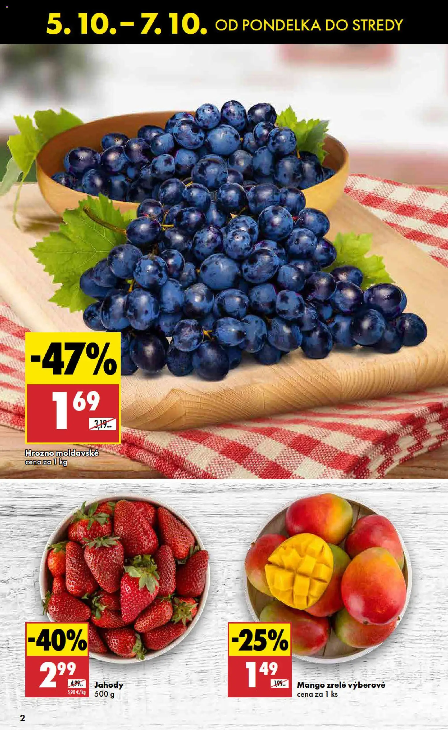 Nové Biedronka akcie – leták je platný od 05.10.2026 | Strana: 2 | Produkty: Jahody, Mango, Hrozno