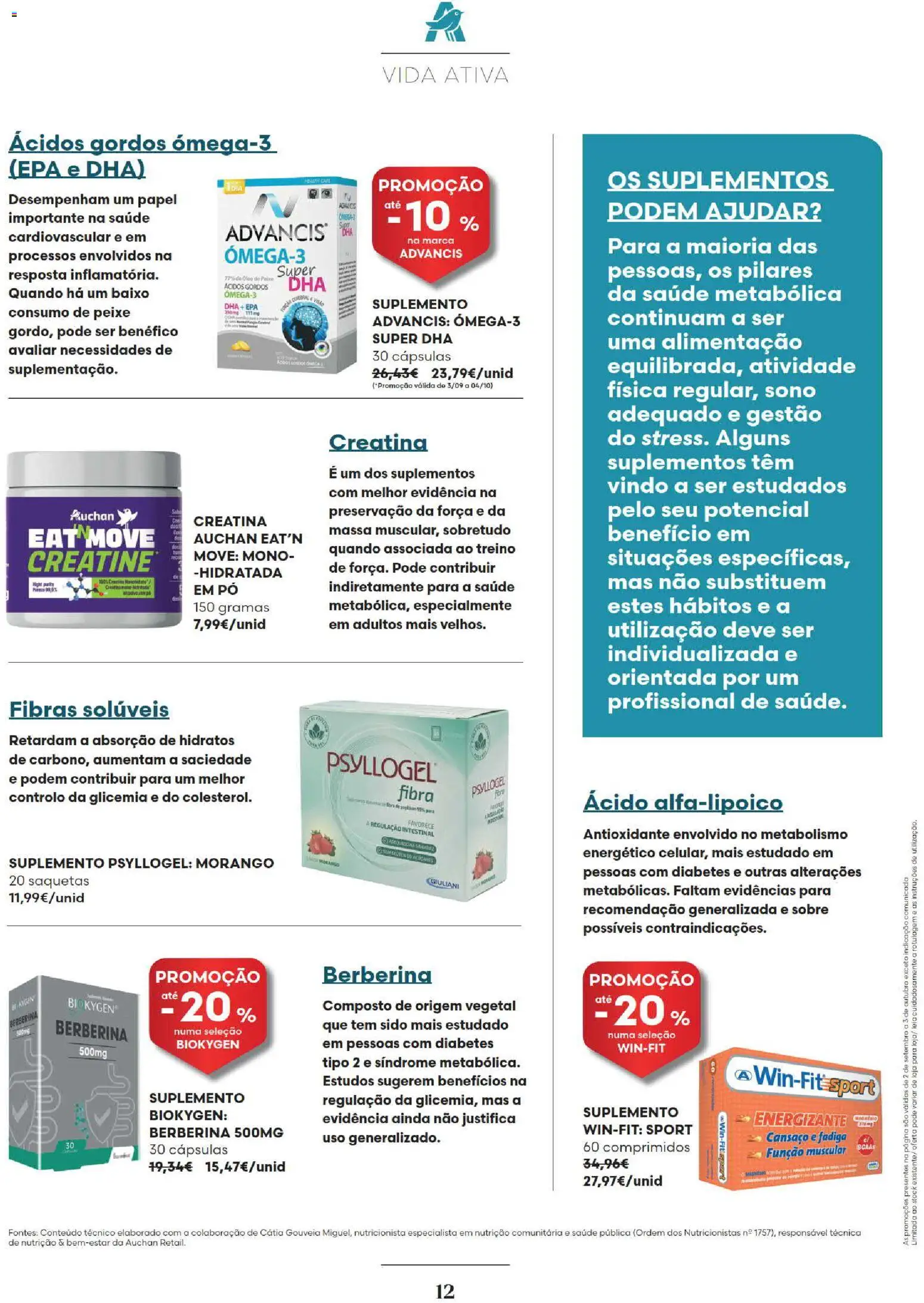 Auchan Revista Longevidade e Especial Bebe │ válido de 02/09/2026 | Página: 12 | Produtos: Óleo de peixe, Creatina, Óleo, Saquetas