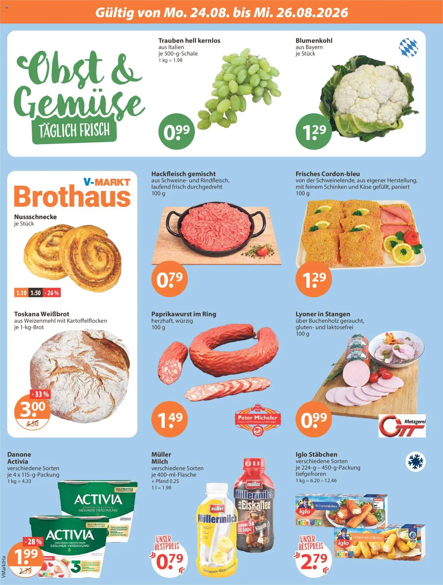 V-Markt Angebote – gültig ab 20.08.2026 | Seite: 20 | Produkte: Käse, Fischstabchen, Müllermilch, Hackfleisch