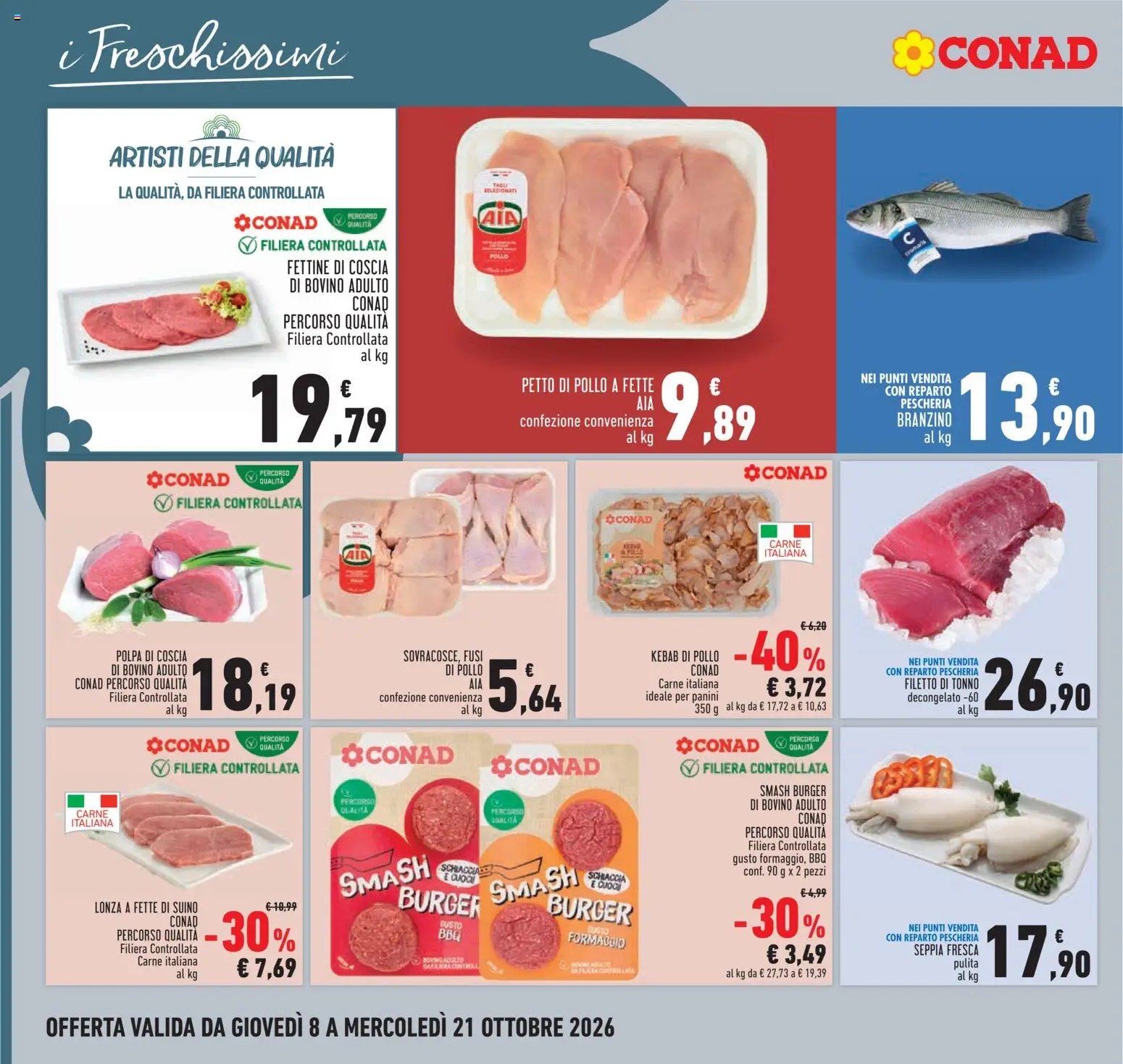 Volantino Conad del 08/10/2026 | Pagina: 10 | Prodotti: Petto di Pollo, Filetto, Branzino, Carne