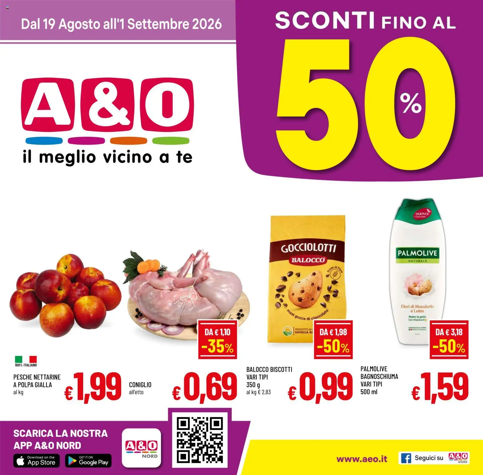 Volantino A&O del 19/08/2026 | Pagina: 1 | Prodotti: Bagnoschiuma, Biscotti, Latte, Fiori