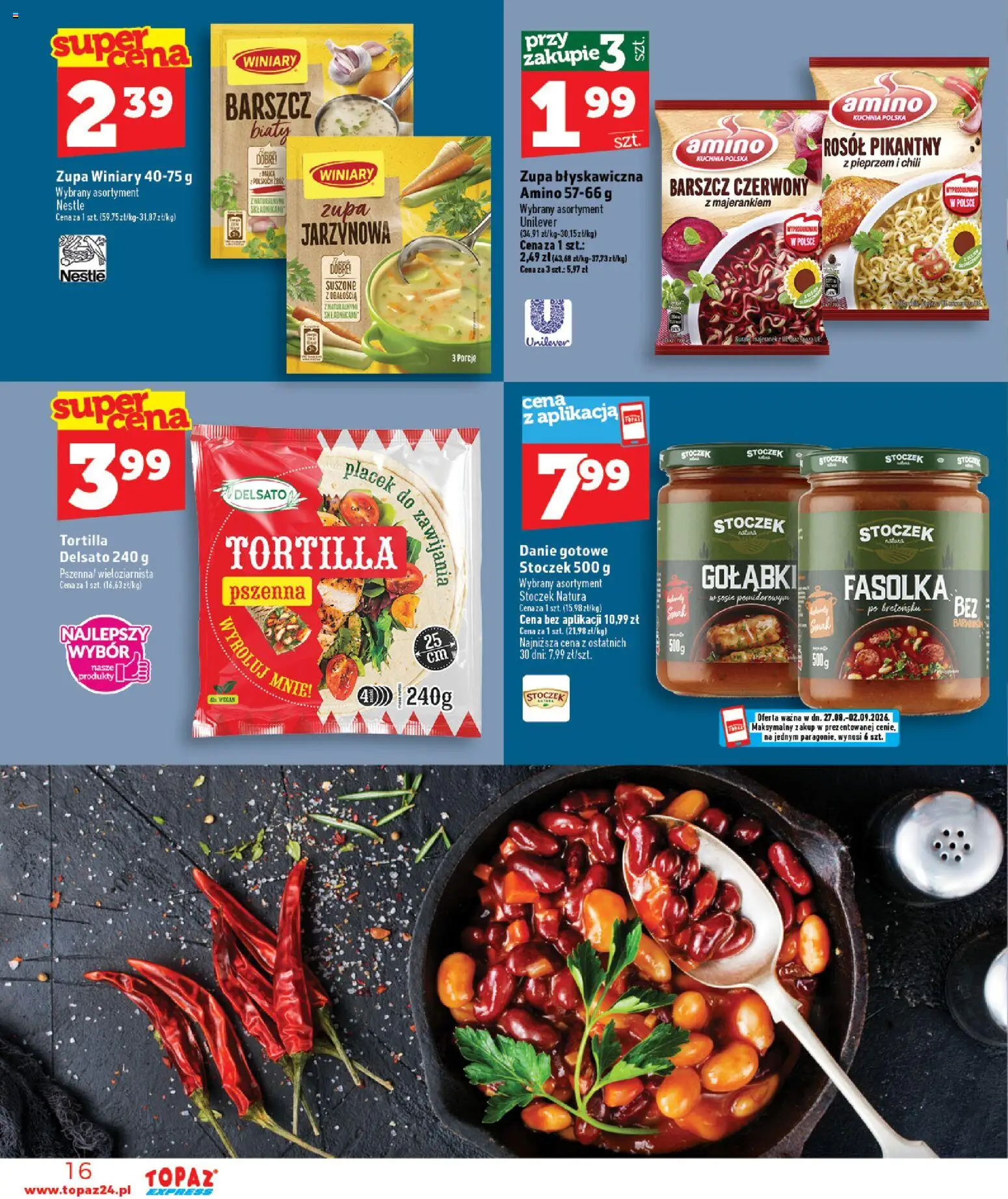 Topaz gazetka - Express od 27.08.2026 | Strona: 16 | Produkty: Barszcz, Gołąbki, Tortilla, Zupa