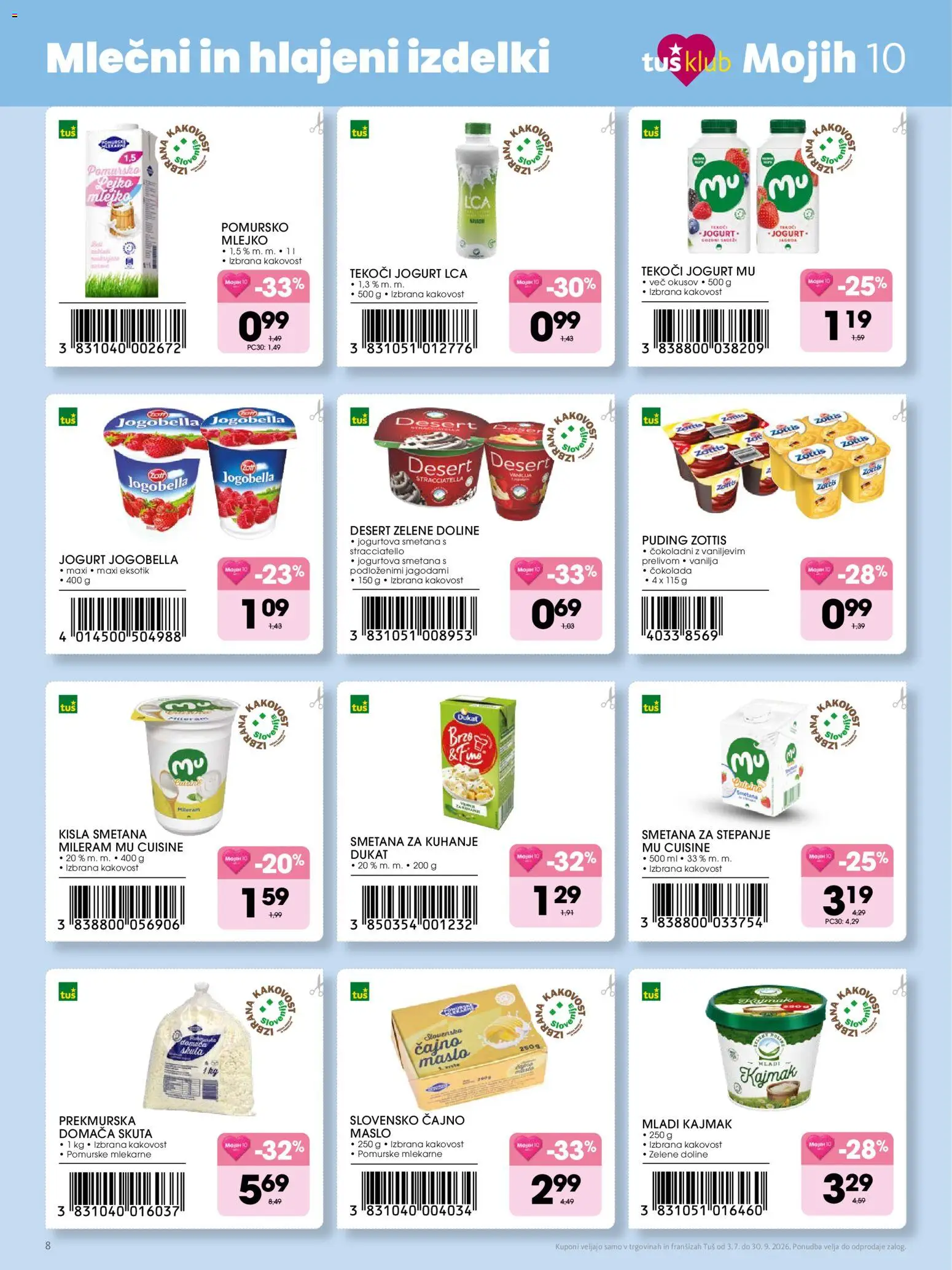 Novi Tuš katalog ponudbe – veljaven od 03.07.2026 | Stran: 8 | Izdelki: Smetana za stepanje, Mileram, Maslo, Skuta