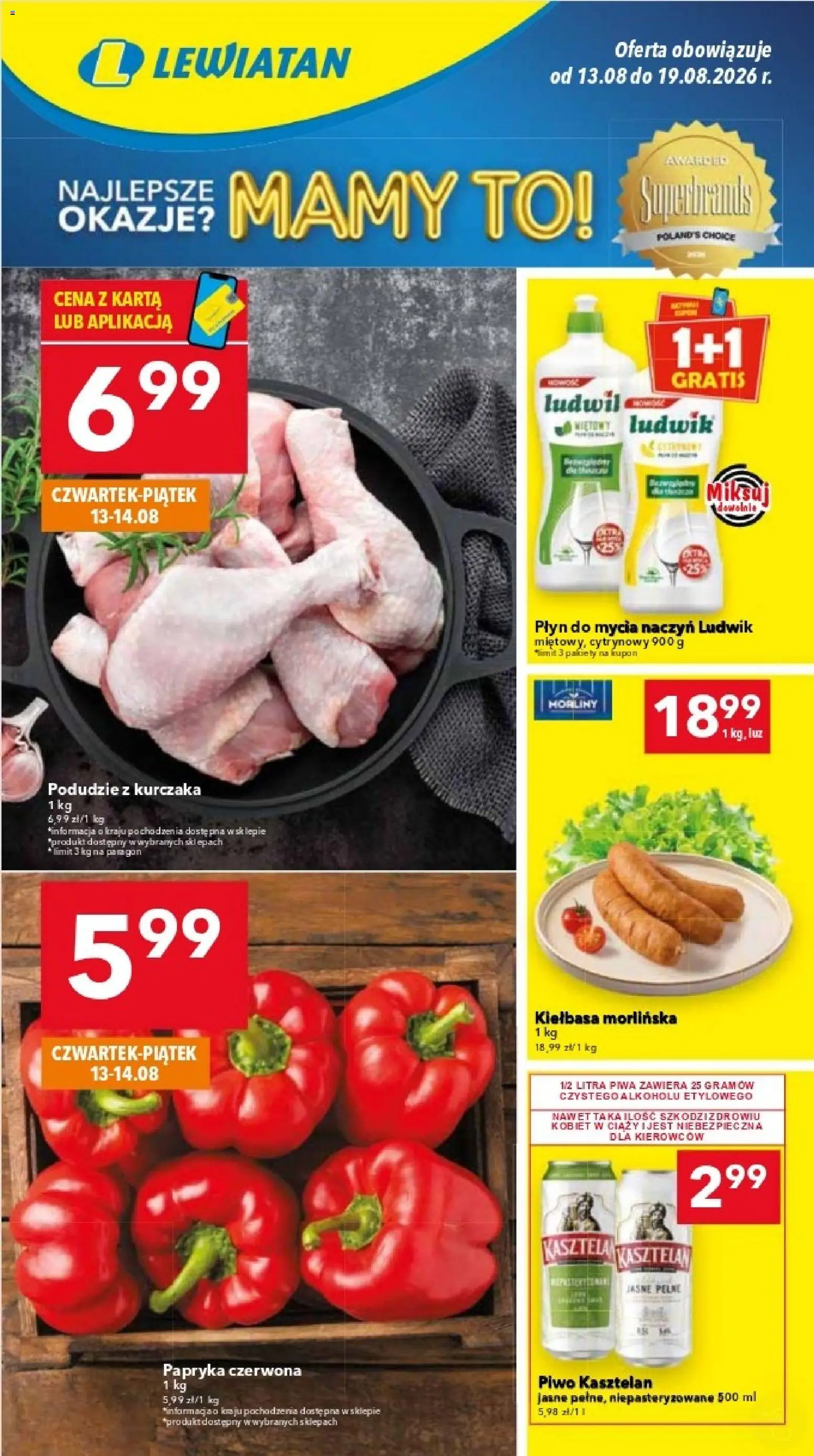 Lewiatan gazetka - Warszawa od 13.08.2026 | Strona: 1 | Produkty: Kiełbasa, Podudzie z kurczaka, Piwo kasztelan, Piwo