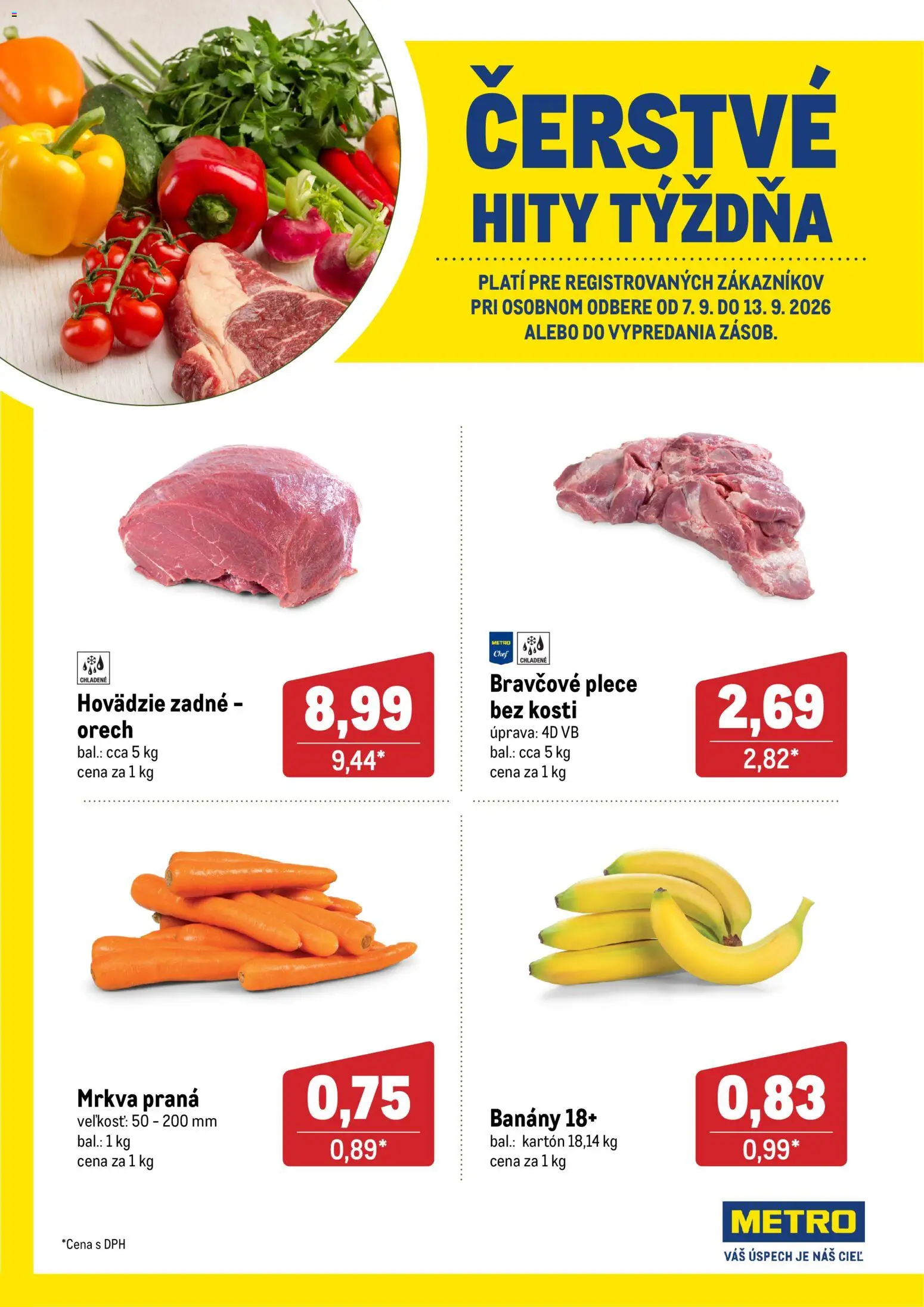 Nové Metro akcie – leták je platný od 07.09.2026 | Strana: 1 | Produkty: Hovädzie zadné, Banány, Bravčové plece, Mrkva