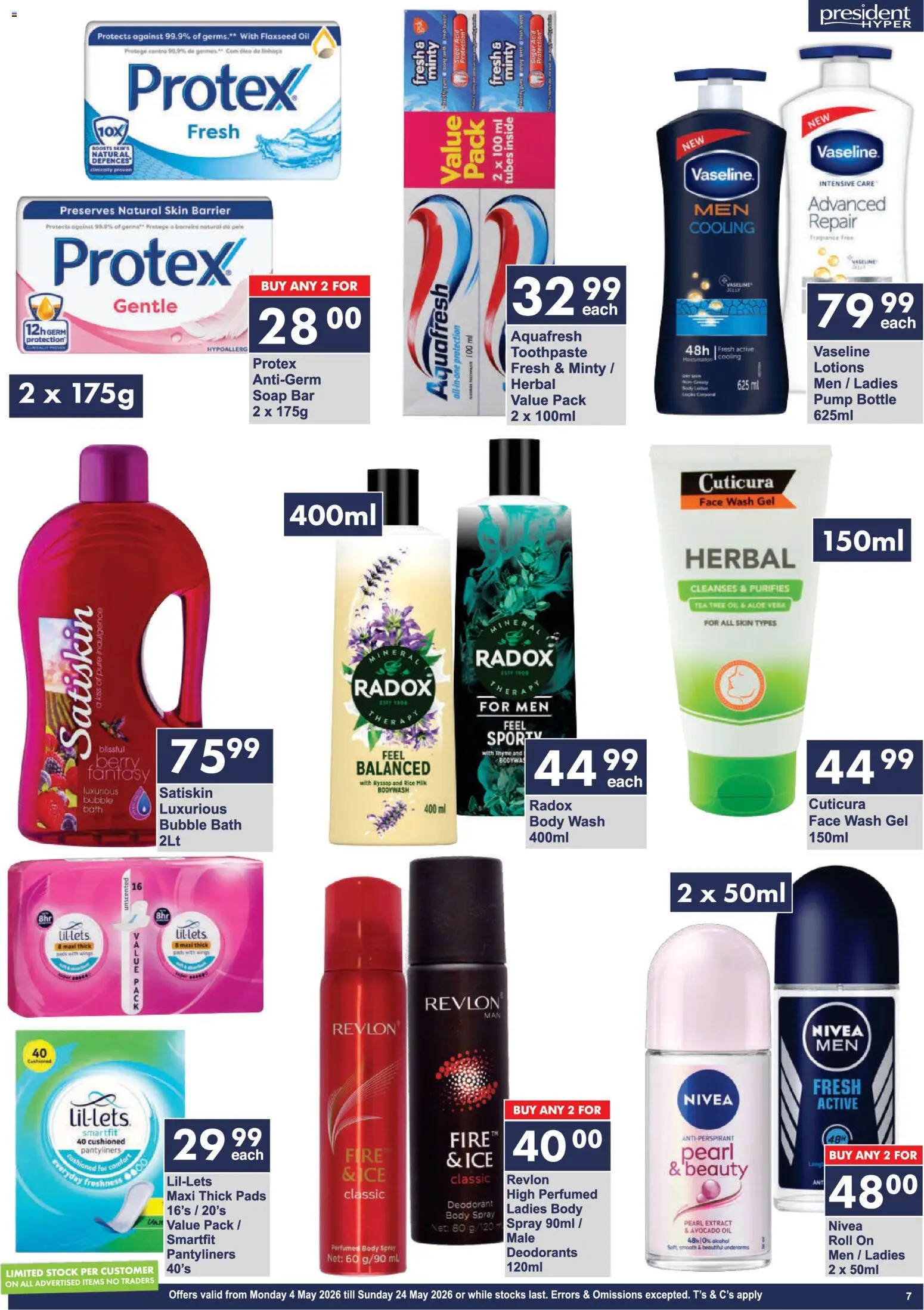 New President Hyper catalogue – valid from 04.05.2026 | Page: 7 | Products: Body spray, Tea, Stock, Body wash