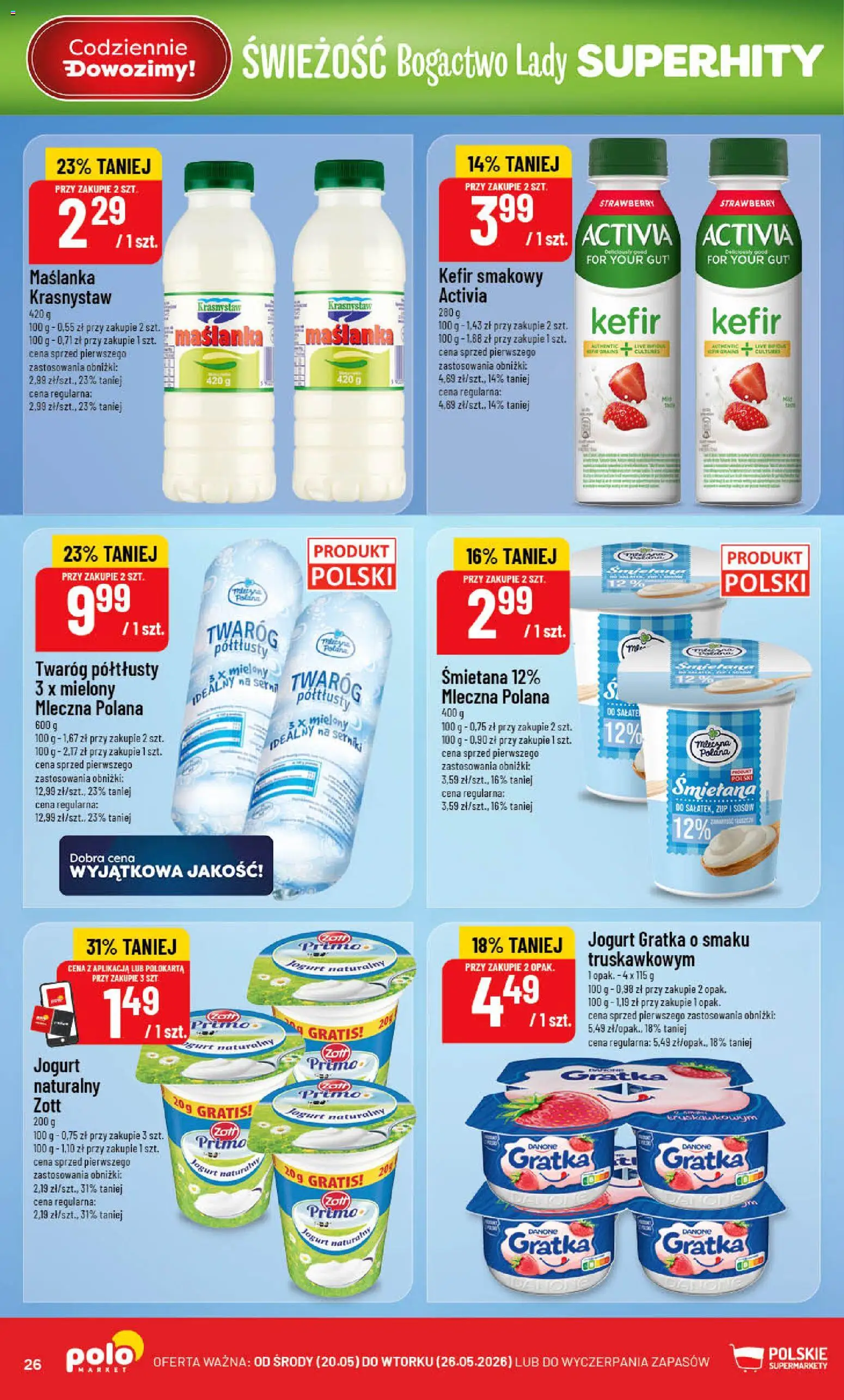POLOmarket gazetka od 20.05.2026 | Strona: 26 | Produkty: Kefir, Maślanka, Jogurt naturalny, Jogurt