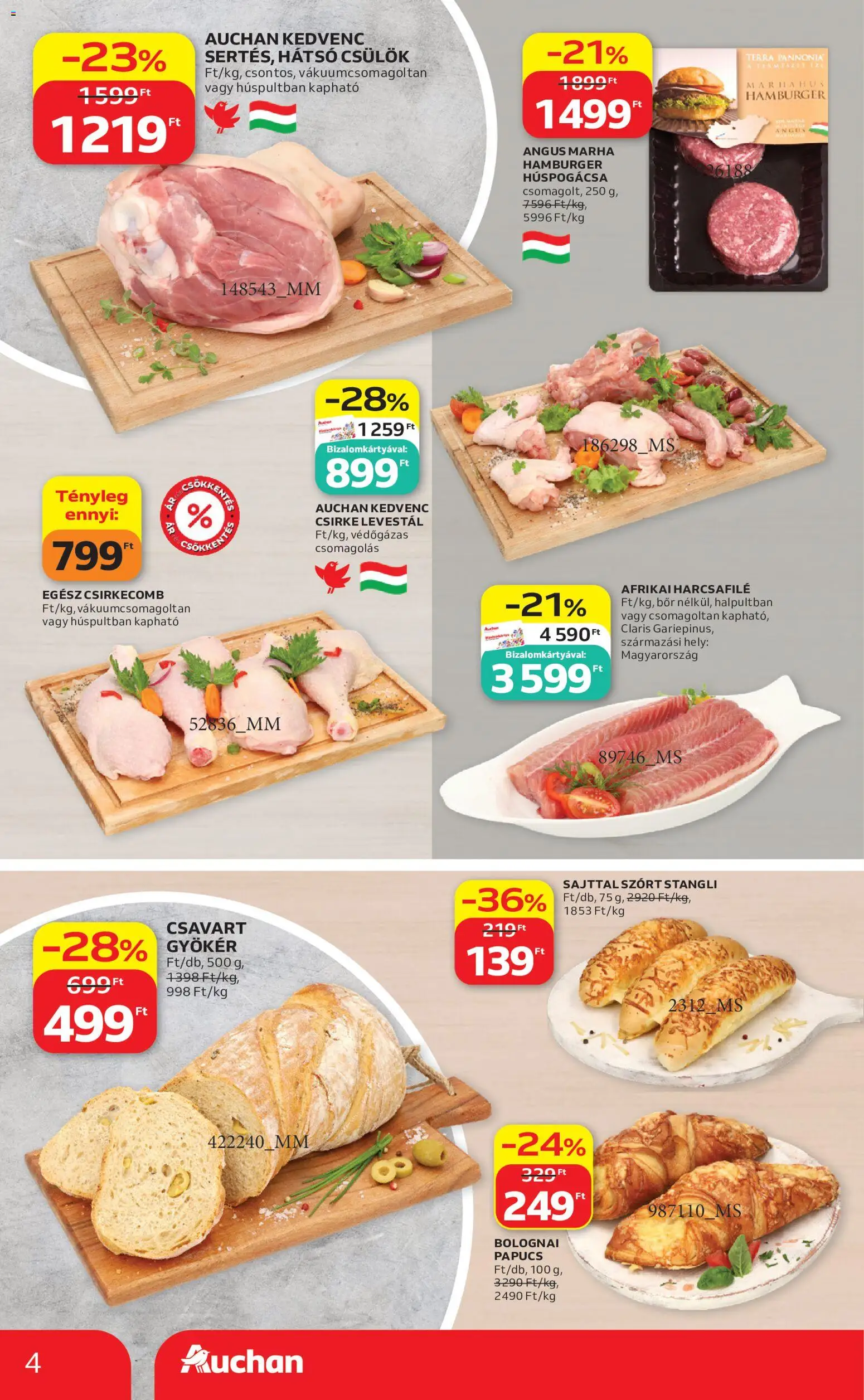 Auchan akciós ujság - amely érvényes a következő dátumtól: 07.05.2026 | Oldal: 4 | Termékek: Papucs, Hamburger, Stangli, Afrikai harcsafilé