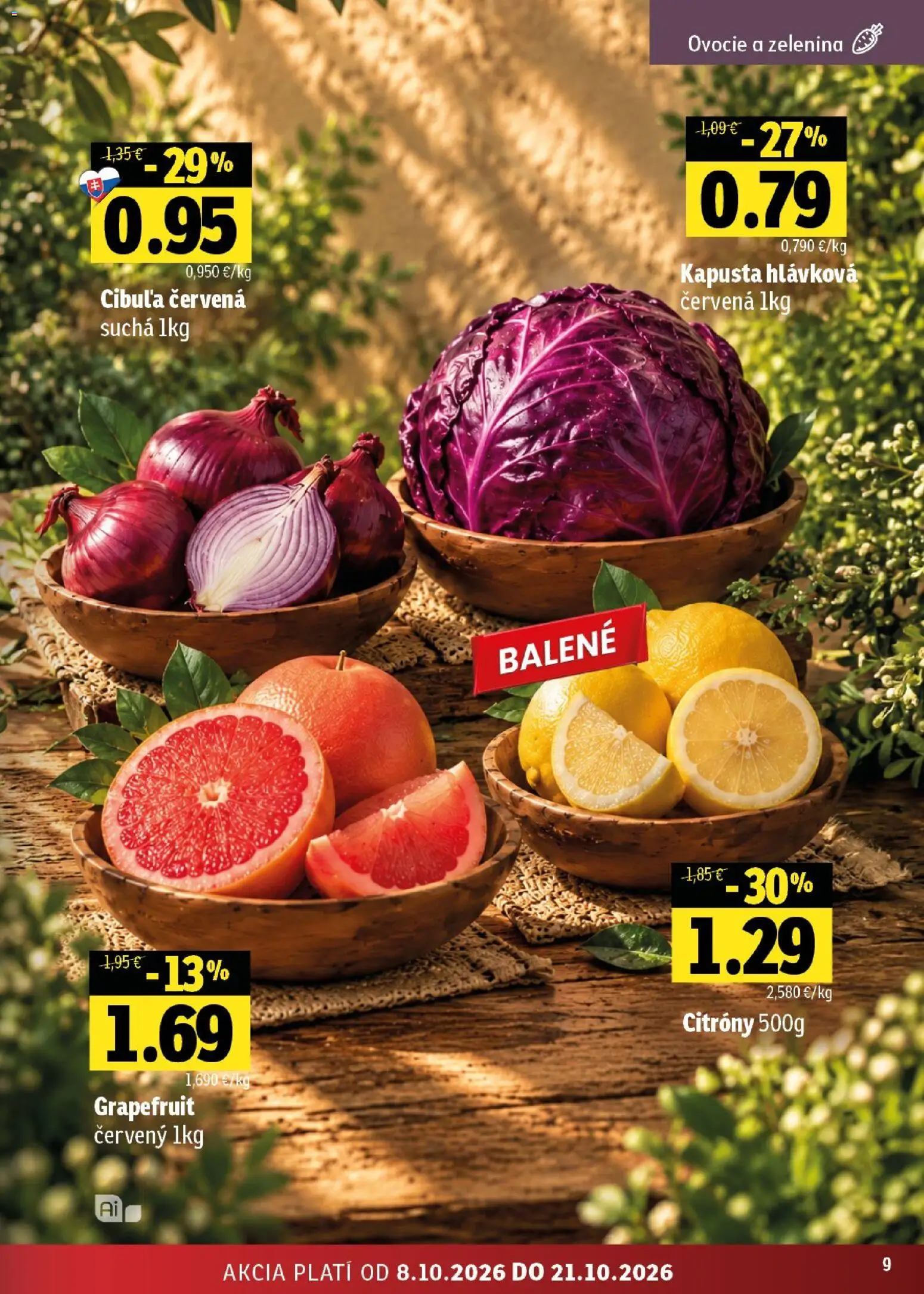 Nové Fresh akcie – leták je platný od 08.10.2026 | Strana: 9 | Produkty: Cibuľa červená, Citróny, Grapefruit, Ovocie