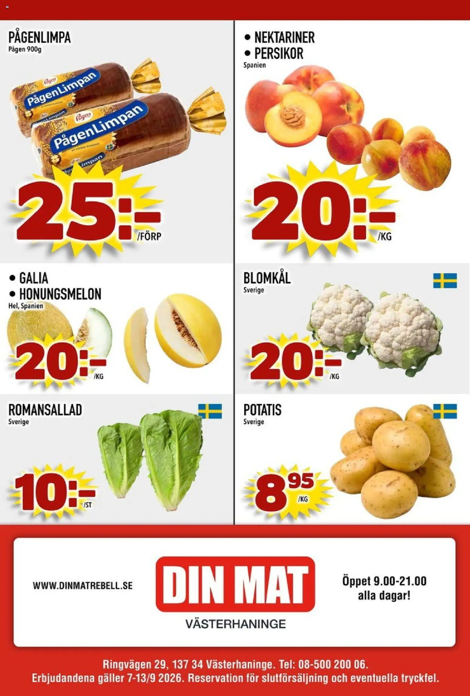 Din Mat reklamblad aktuell från 07/09/2026 | Sida: 8 | Produkter: Persikor, Honungsmelon, Galler, Potatis