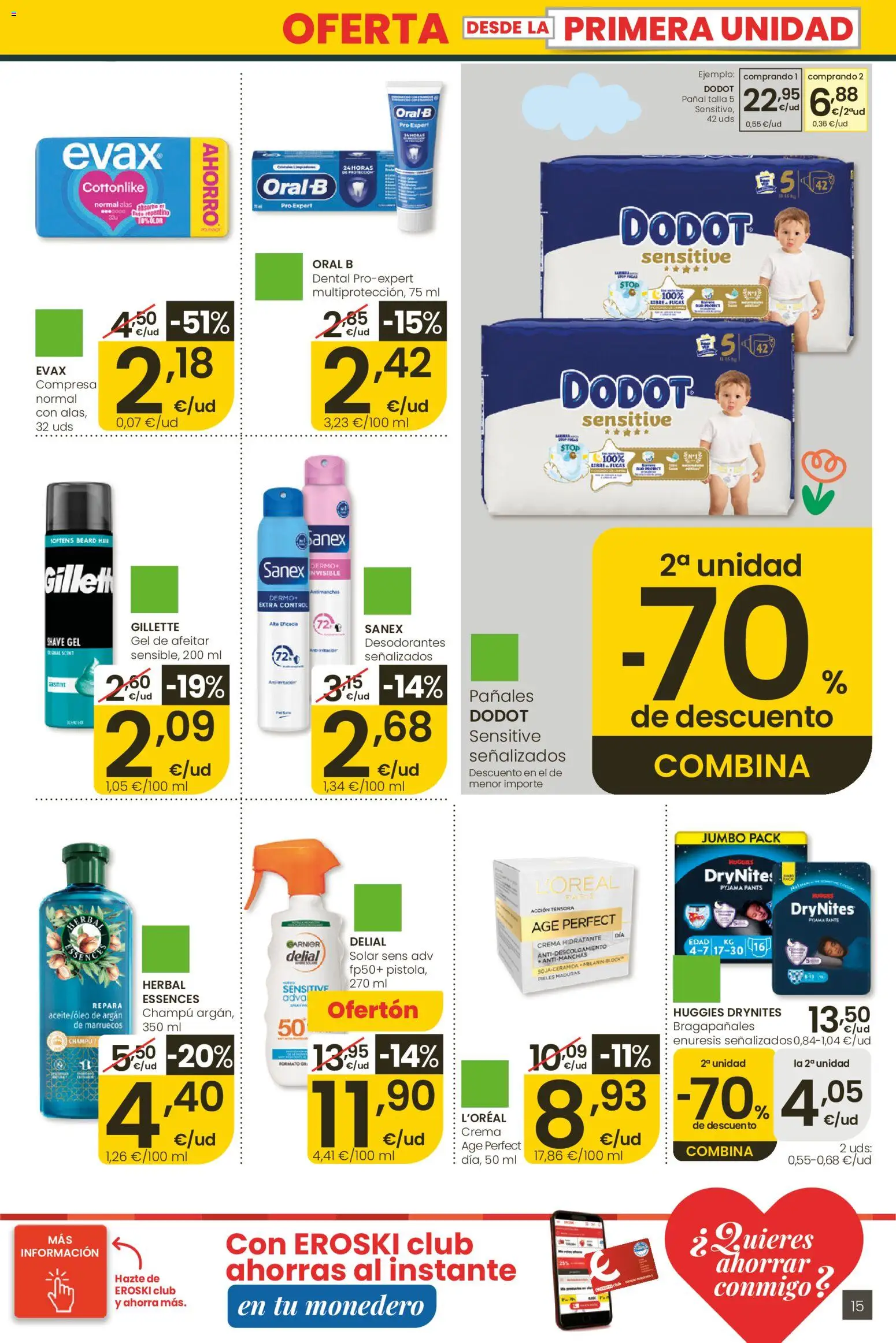Eroski Ofertones de verano │ válido desde el 28.05.2026 | Página: 15 | Productos: Champú, Gel de afeitar, Crema, Crema hidratante