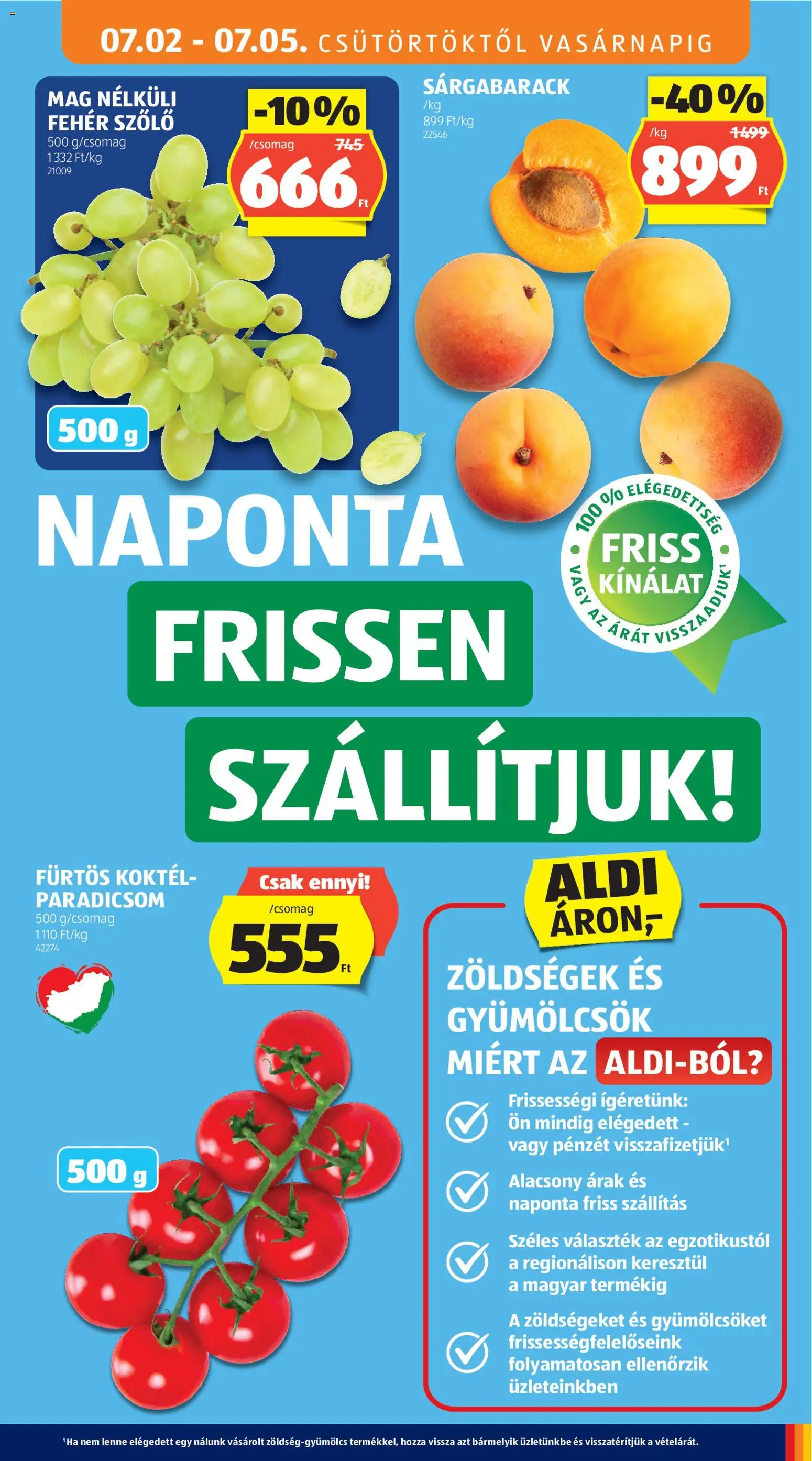 Aldi akciós ujság - amely érvényes a következő dátumtól: 2026.07.02. | Oldal: 9 | Termékek: Szőlő, Sárgabarack, Paradicsom