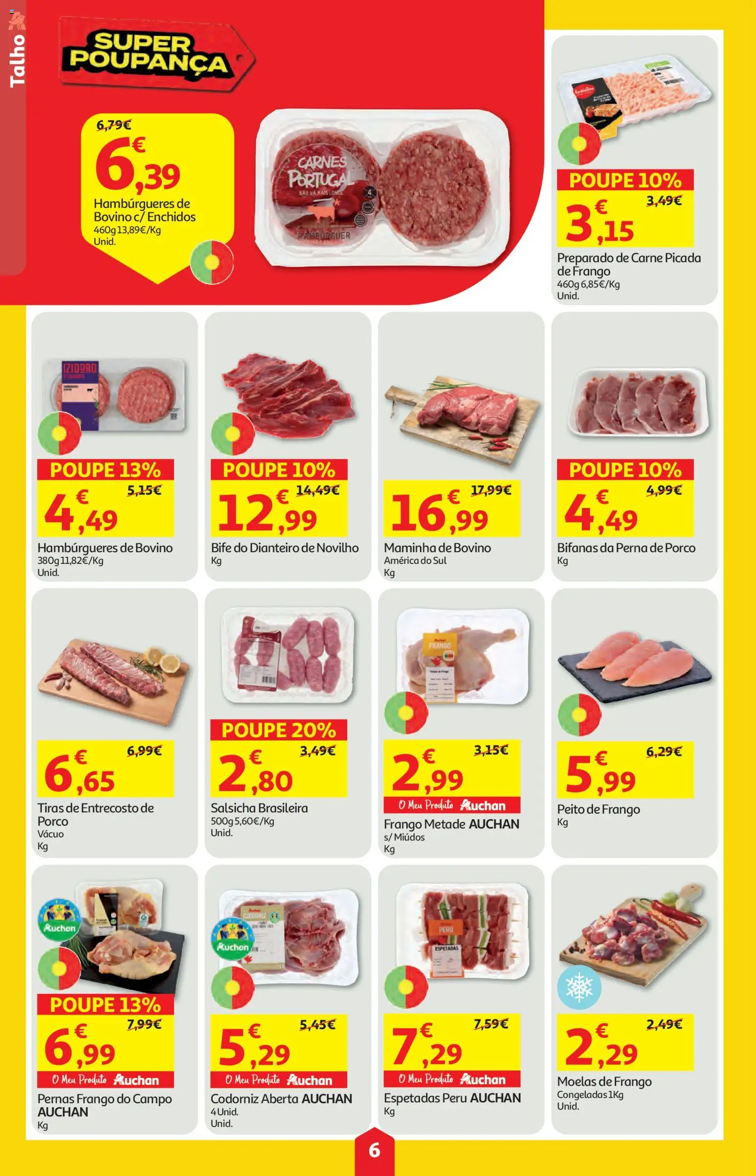 Auchan folheto │ válido de 02/07/2026 | Página: 6 | Produtos: Peito de frango, Hambúrguer, Salsicha, Carne