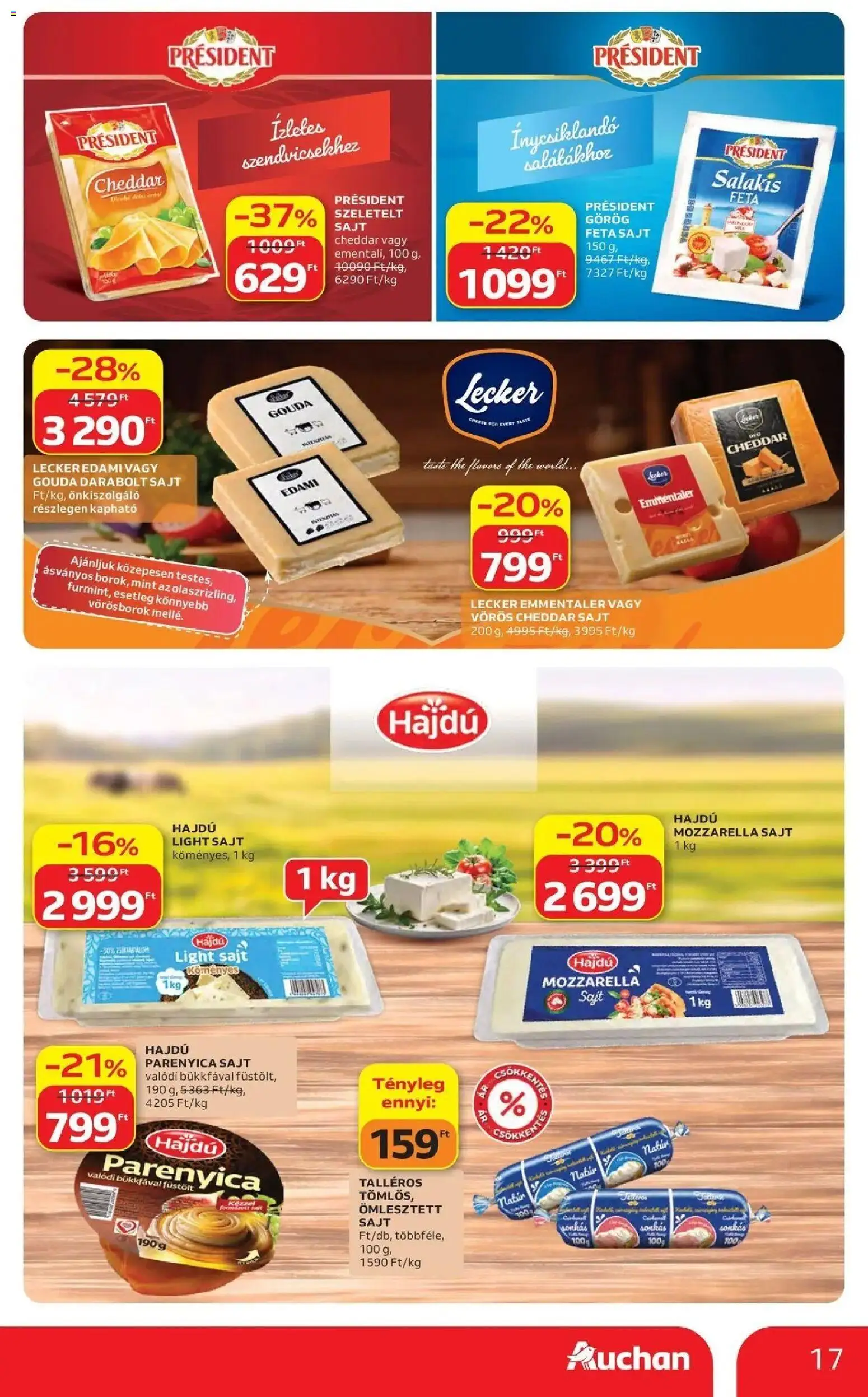 Auchan akciós újság Szolnok - 2026.10.01. -tól/töl > akció, lapozható szórólap 🛍️ | Oldal: 17 | Termékek: Parenyica, Gouda, Feta, Cheddar sajt