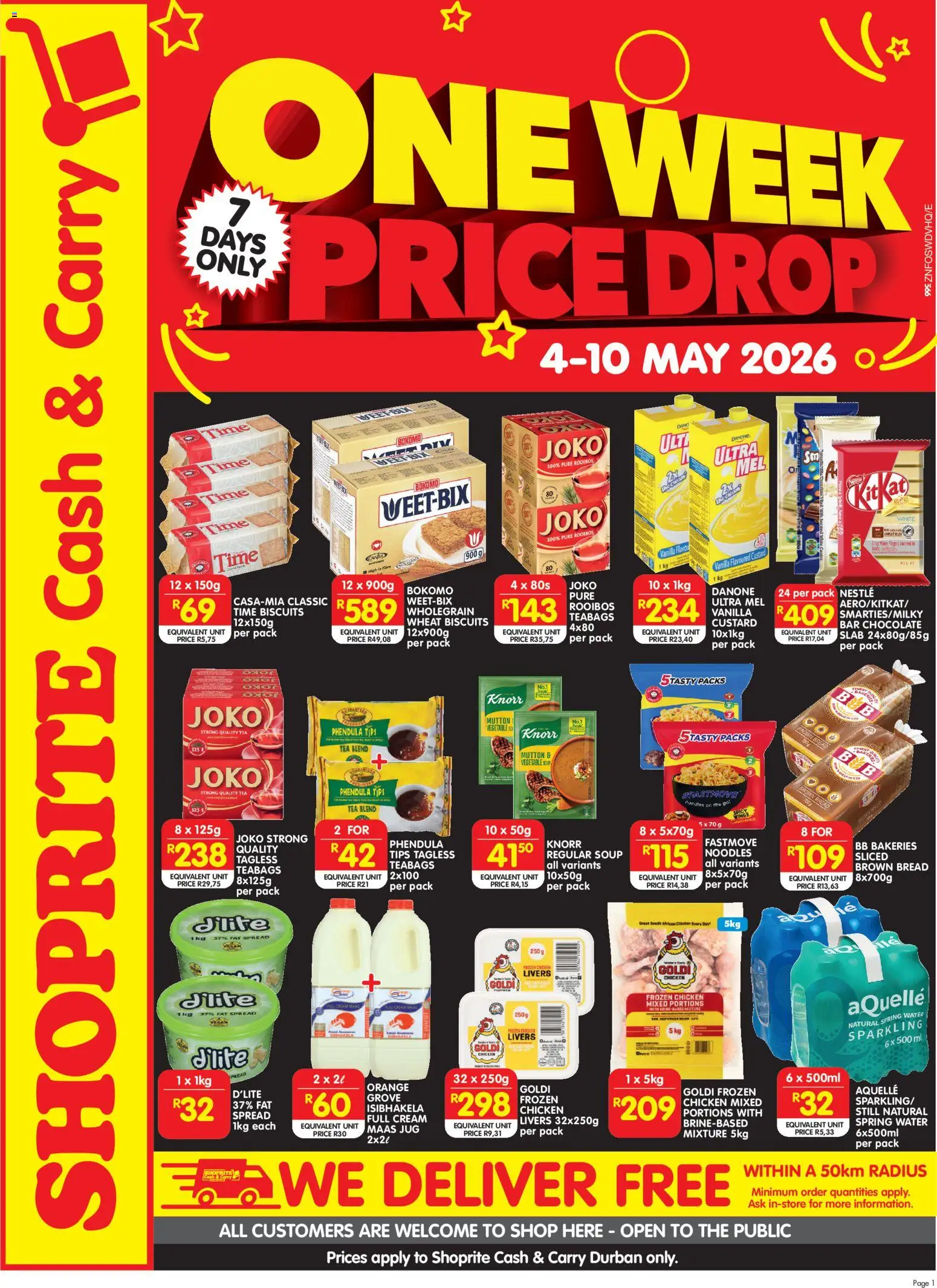 New Shoprite catalogue – valid from 04.05.2026 | Page: 1 | Products: Custard, Chicken, Noodles, Fat spread