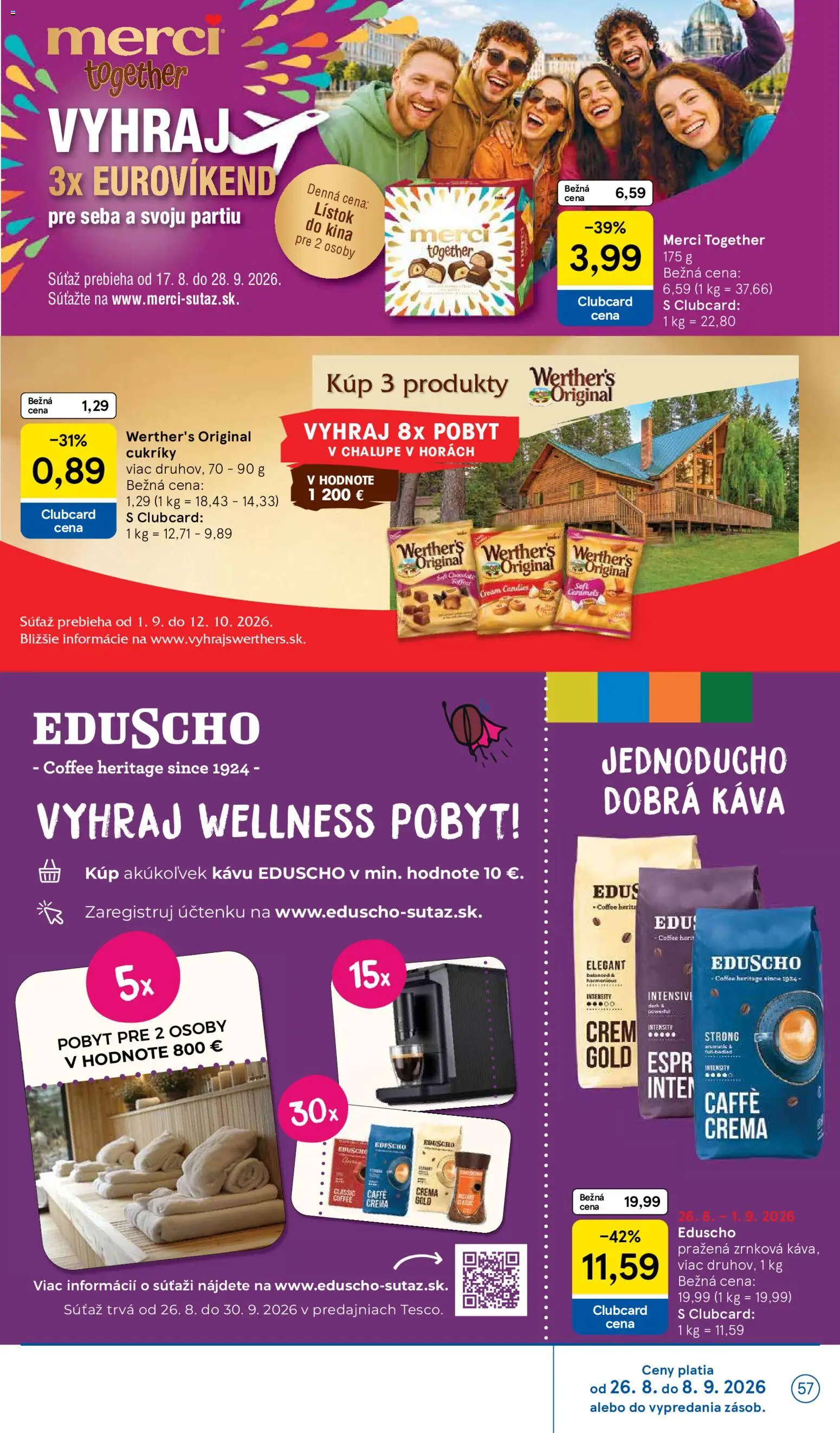 Nové Tesco akcie – leták je platný od 26.08.2026 | Strana: 57 | Produkty: Káva, Merci, Cukríky