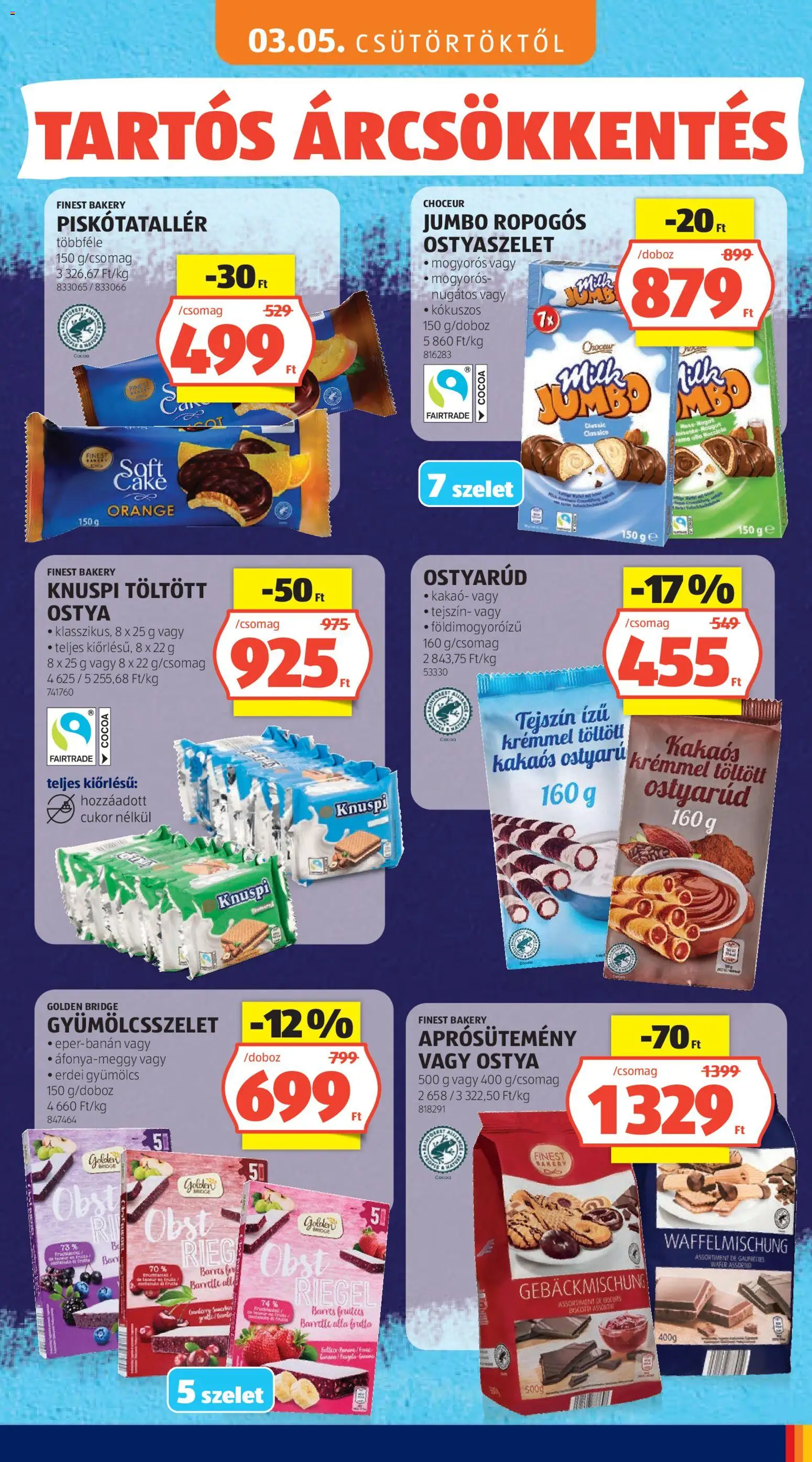 Aldi akciós ujság - amely érvényes a következő dátumtól: 03.05.2026 | Oldal: 21 | Termékek: Gyümölcs, Ostyaszelet, Tejszín, Cukor
