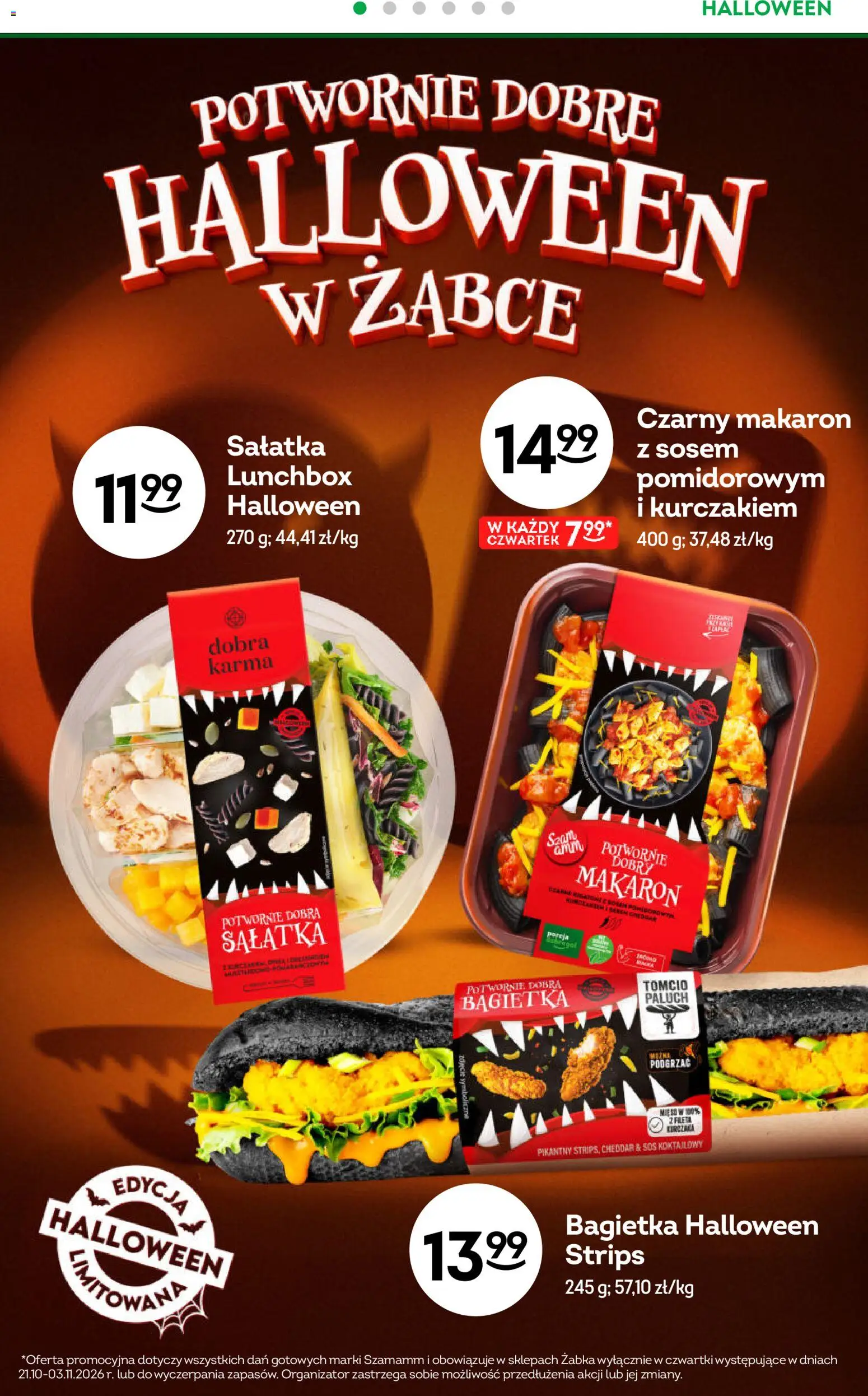 Żabka gazetka od 21.10.2026 | Strona: 4 | Produkty: Czarny makaron, Bagietka, Lunchbox, Sos