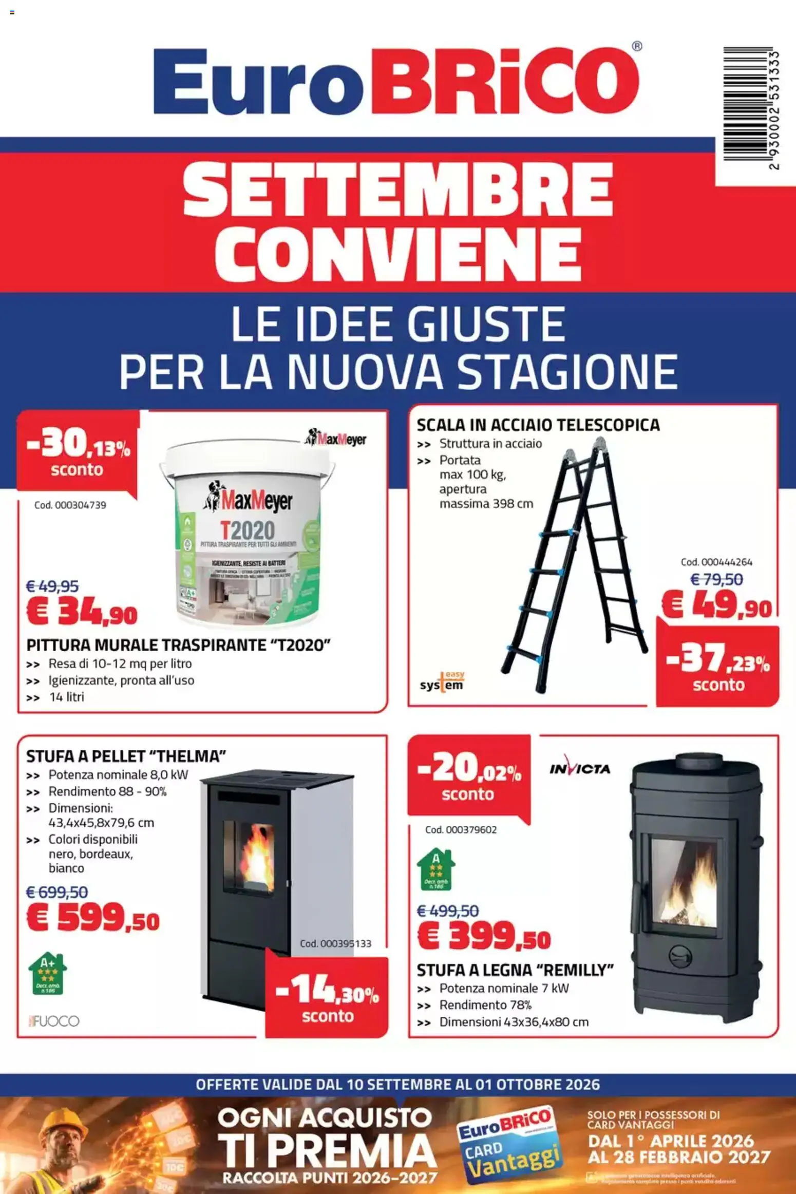 Volantino Eurobrico del 10/09/2026 | Pagina: 1 | Prodotti: Pellet, Stufa, Pittura, Scala