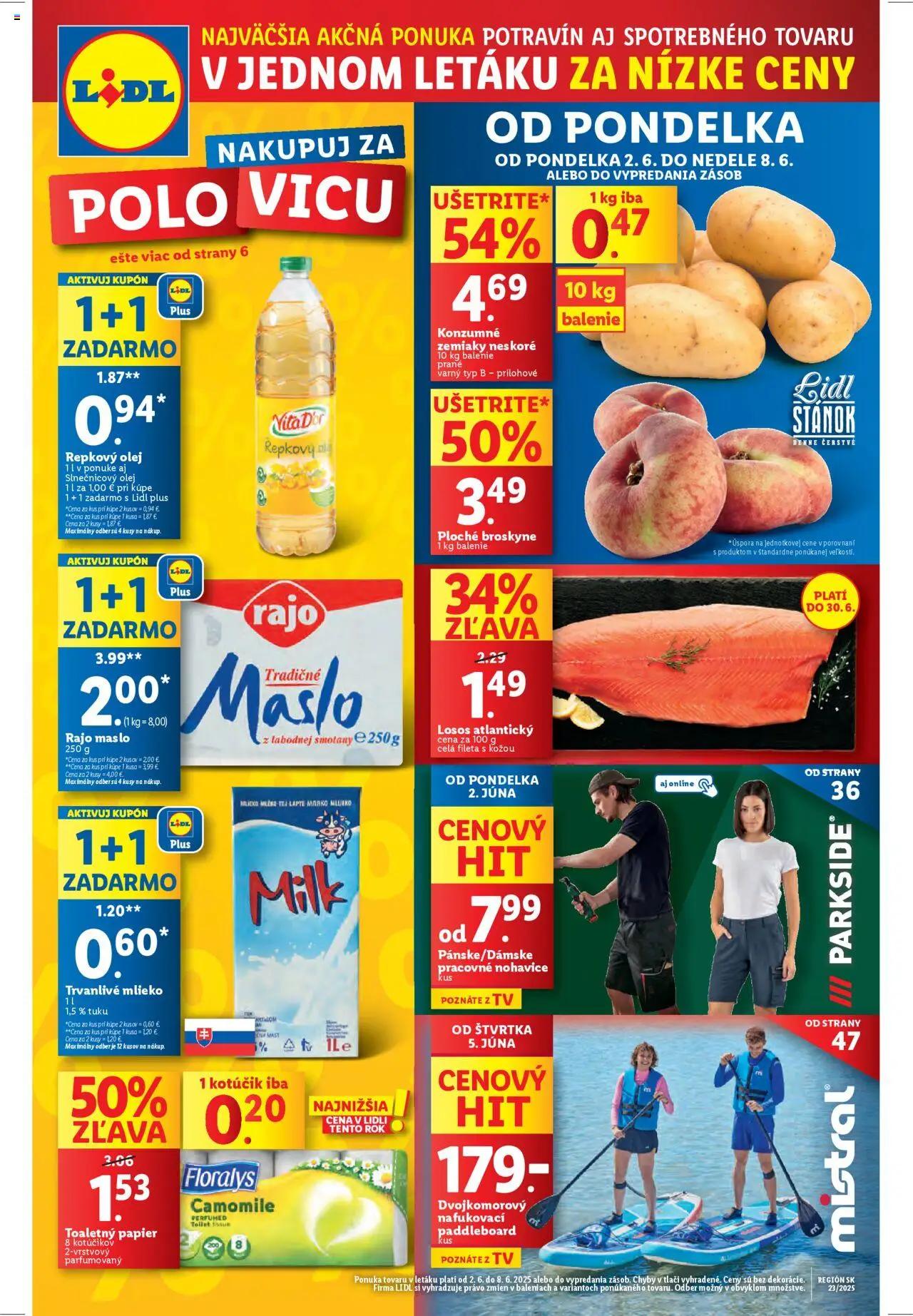 Nové Lidl akcie – leták je platný od 02.06.2025 | Strana: 1 | Produkty: Tv, Losos, Nohavice, Broskyne