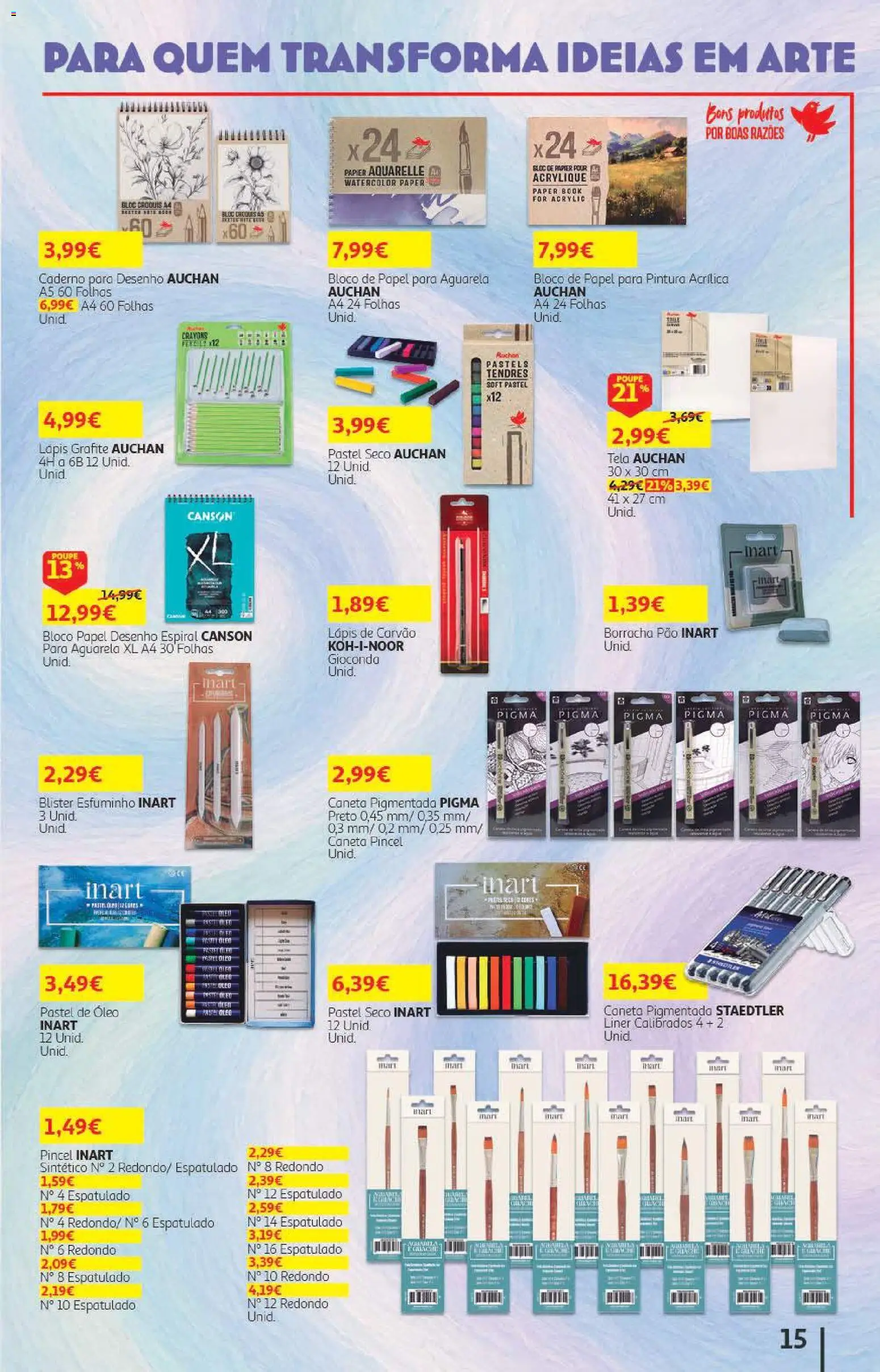 Auchan - Folheto Escolar  Têxtil Criança │ válido de 04/09/2026 | Página: 15 | Produtos: Caderno, Pincel, Óleo, Pão