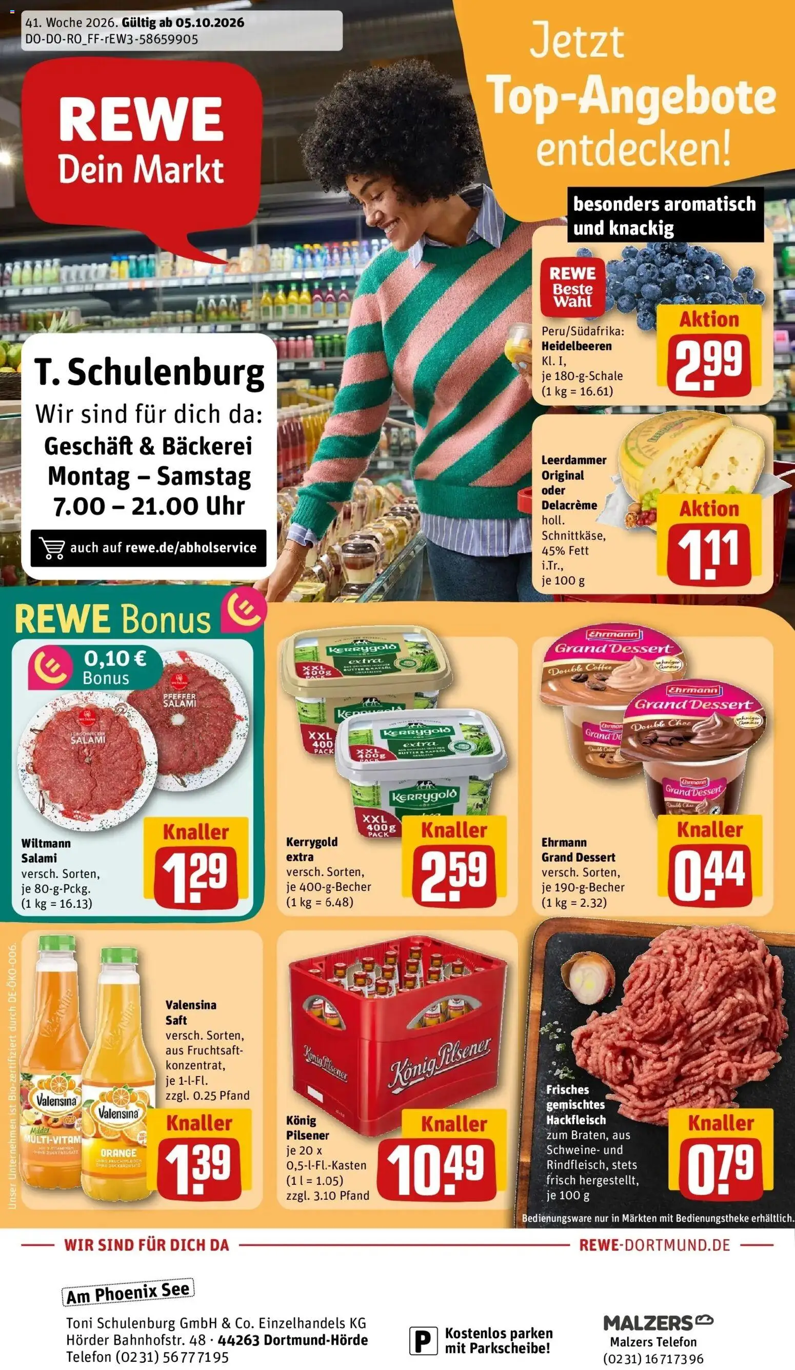 REWE Prospekt ab 05.10.2026 zum Blättern » Angebote | Seite: 1 | Produkte: Bäckerei, Ehrmann grand dessert, Fruchtsaft, Telefon