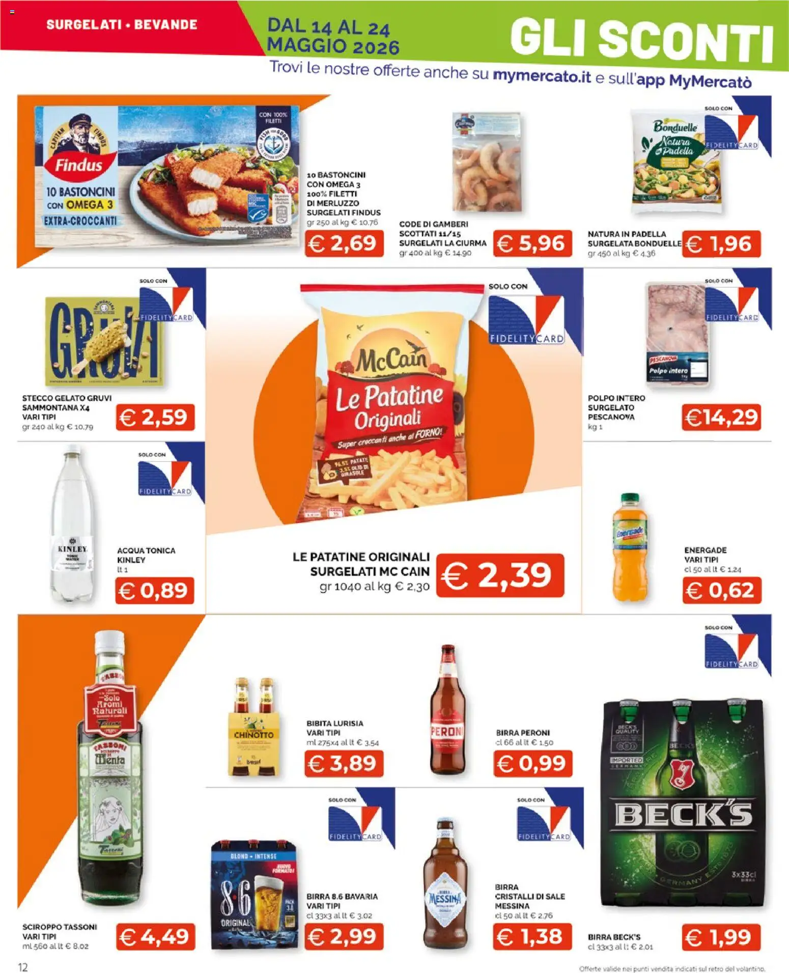 Volantino Mercatò del 14.05.2026 | Pagina: 12 | Prodotti: Birra, Gamberi, Acqua tonica, Gelato