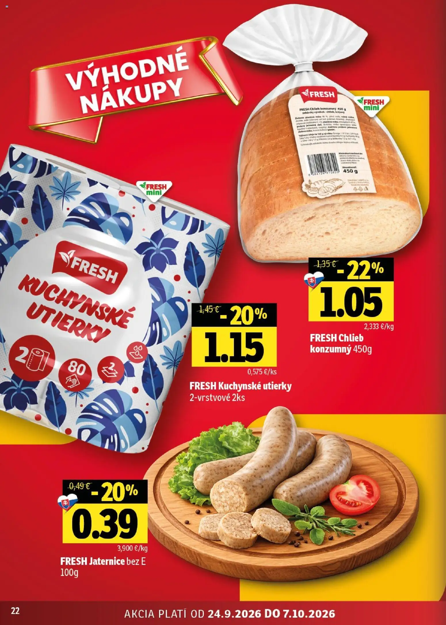 Nové Fresh akcie – leták je platný od 24.09.2026 | Strana: 22 | Produkty: Chlieb, Kuchynské utierky, Utierky