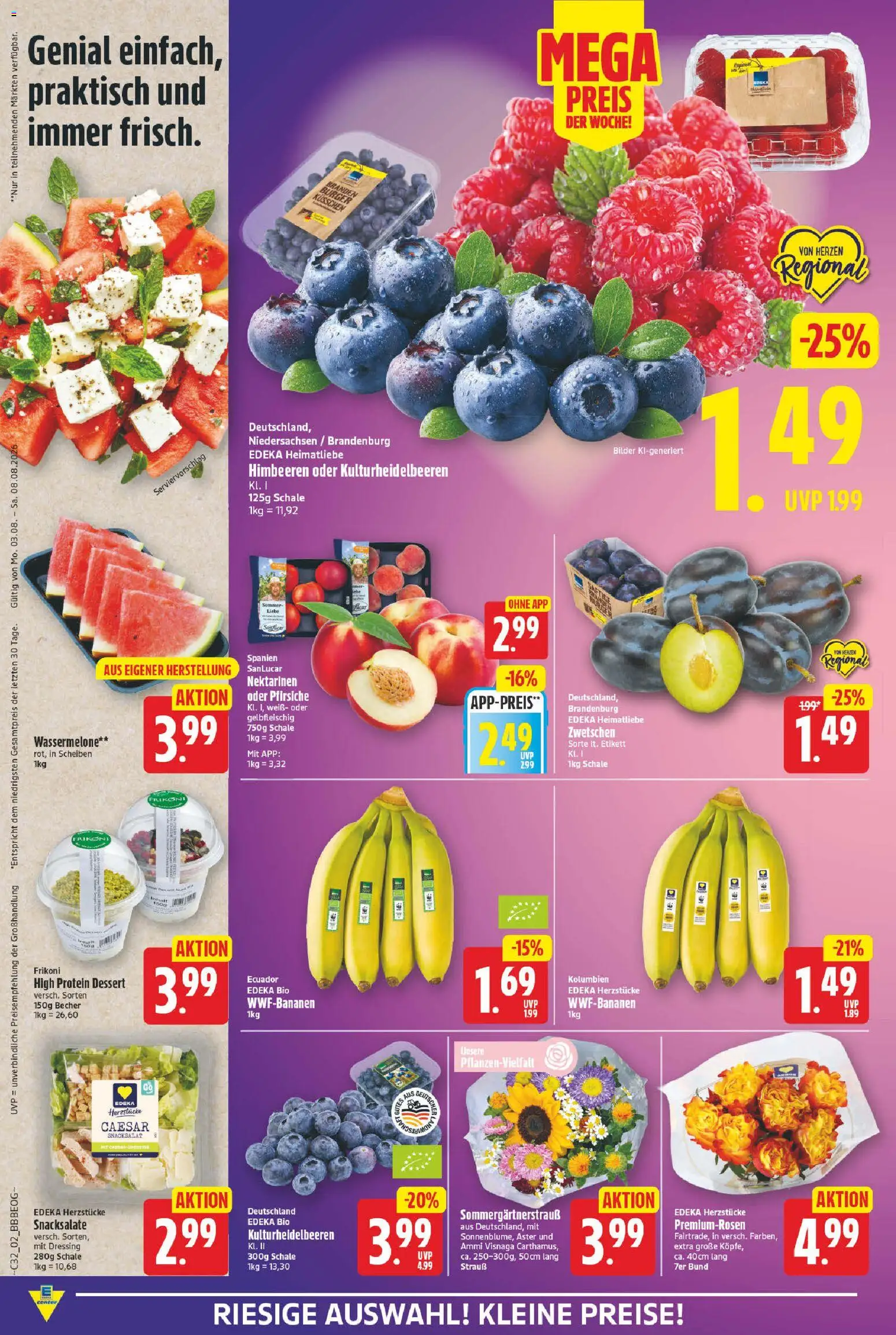 E center Prospekt – gültig ab 03.08.2026 | Seite: 2 | Produkte: Himbeeren, Nektarinen, Burger, Bilder