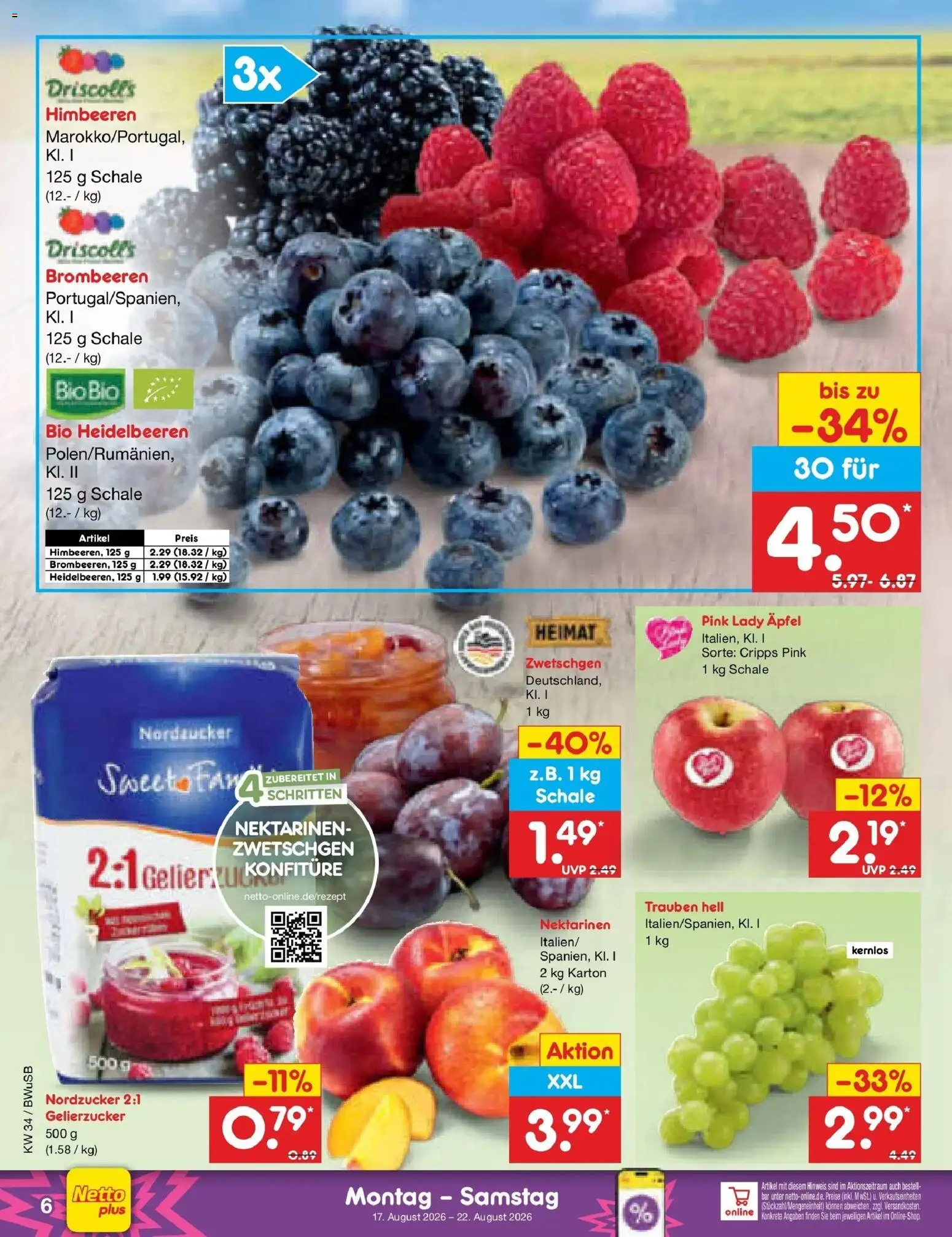 Netto Marken-Discount Prospekt Stemwede-Dielingen – gültig ab 17.08.2026 | Seite: 8 | Produkte: Himbeeren, Nektarinen, Trauben, Zwetschgen