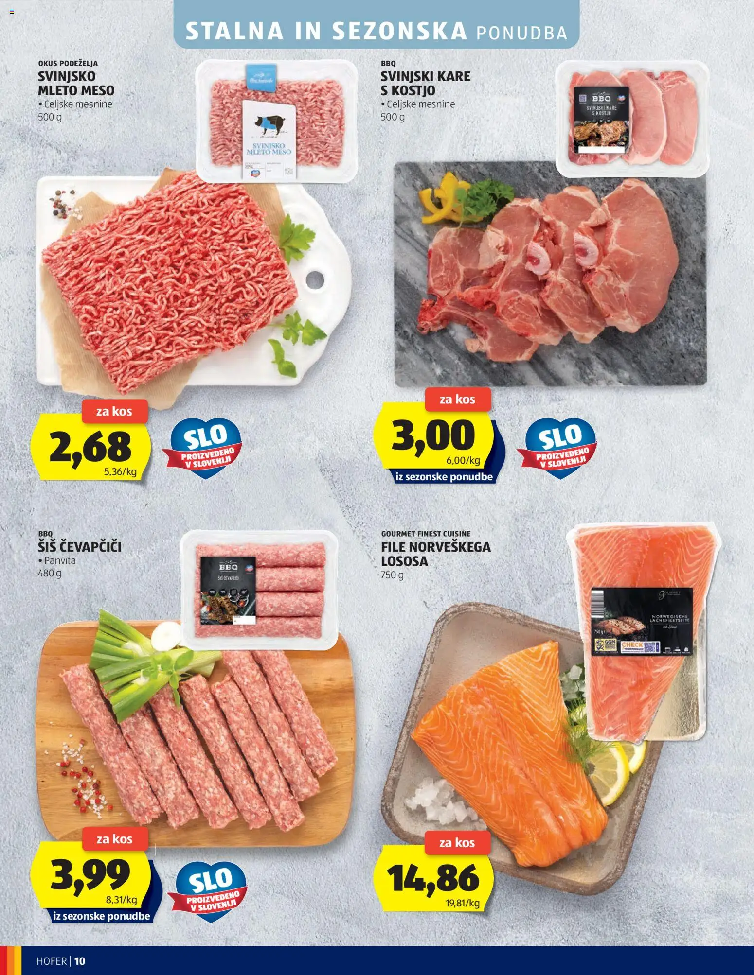 Novi Hofer katalog ponudbe – veljaven od 19.08.2026 | Stran: 10 | Izdelki: Čevapčiči, Mleto meso, Kos, Svinjski kare
