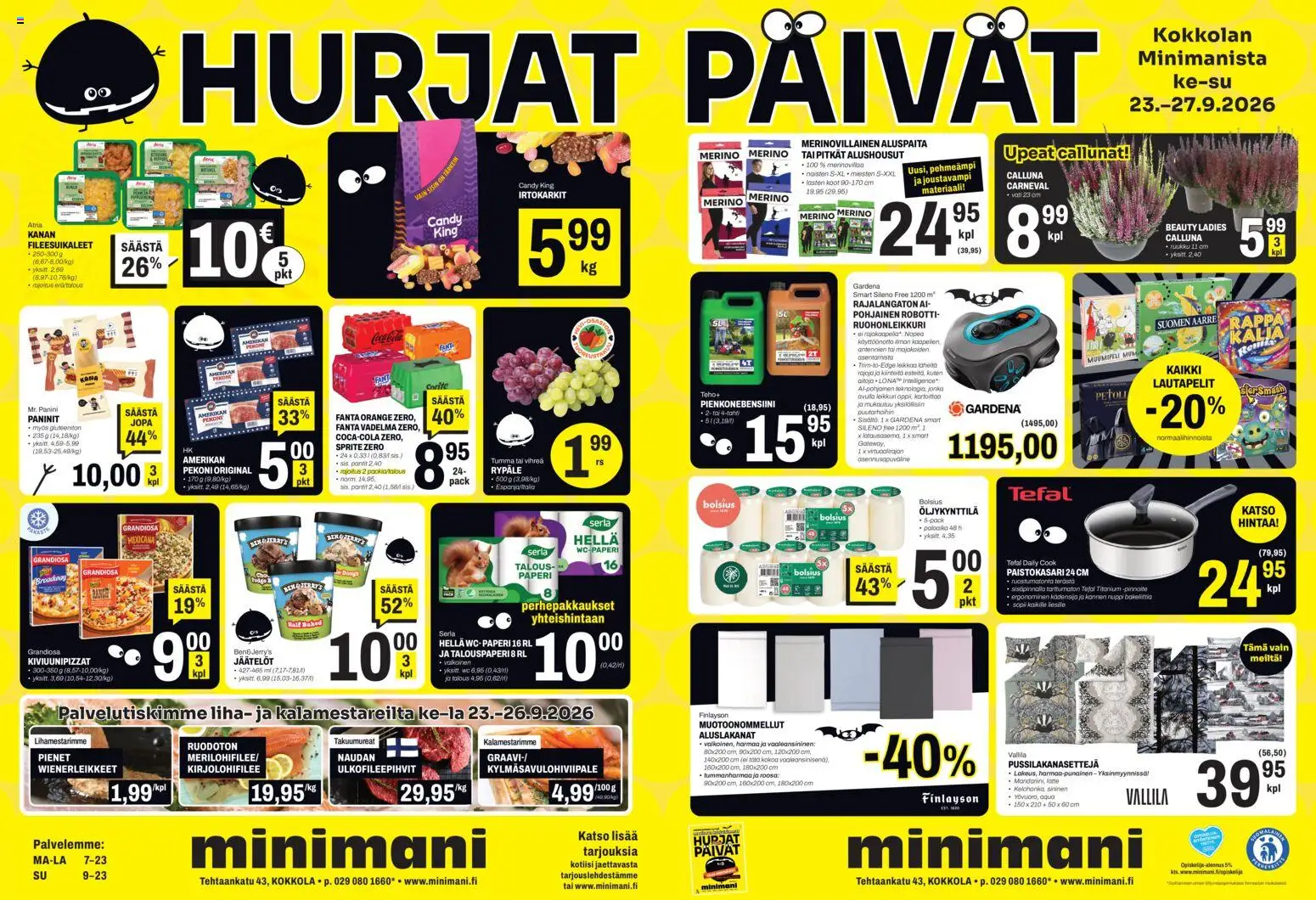 Minimani tarjoukset Kokkola – voimassa 23/09/2026 alkaen | Sivu: 1 | Tuotteet: Irtokarkit, Vadelma, Ruohonleikkuri, Alushousut