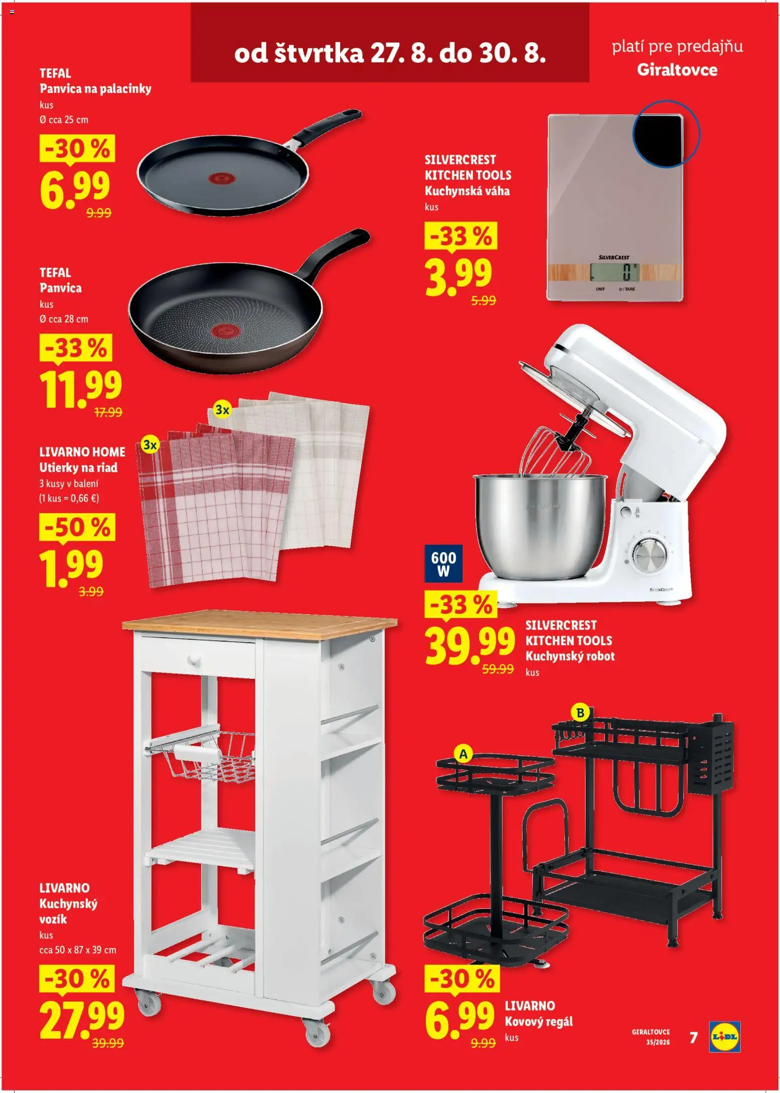 Nové Lidl akcie – leták je platný od 27.08.2026 | Strana: 7 | Produkty: Kovový regál, Regál, Kuchynský robot, Panvica